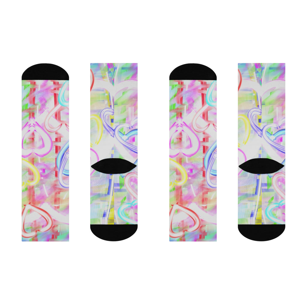 Pastel Heart Cushioned Crew Socks — Colorful Watercolor Hearts Knee-High Socks
