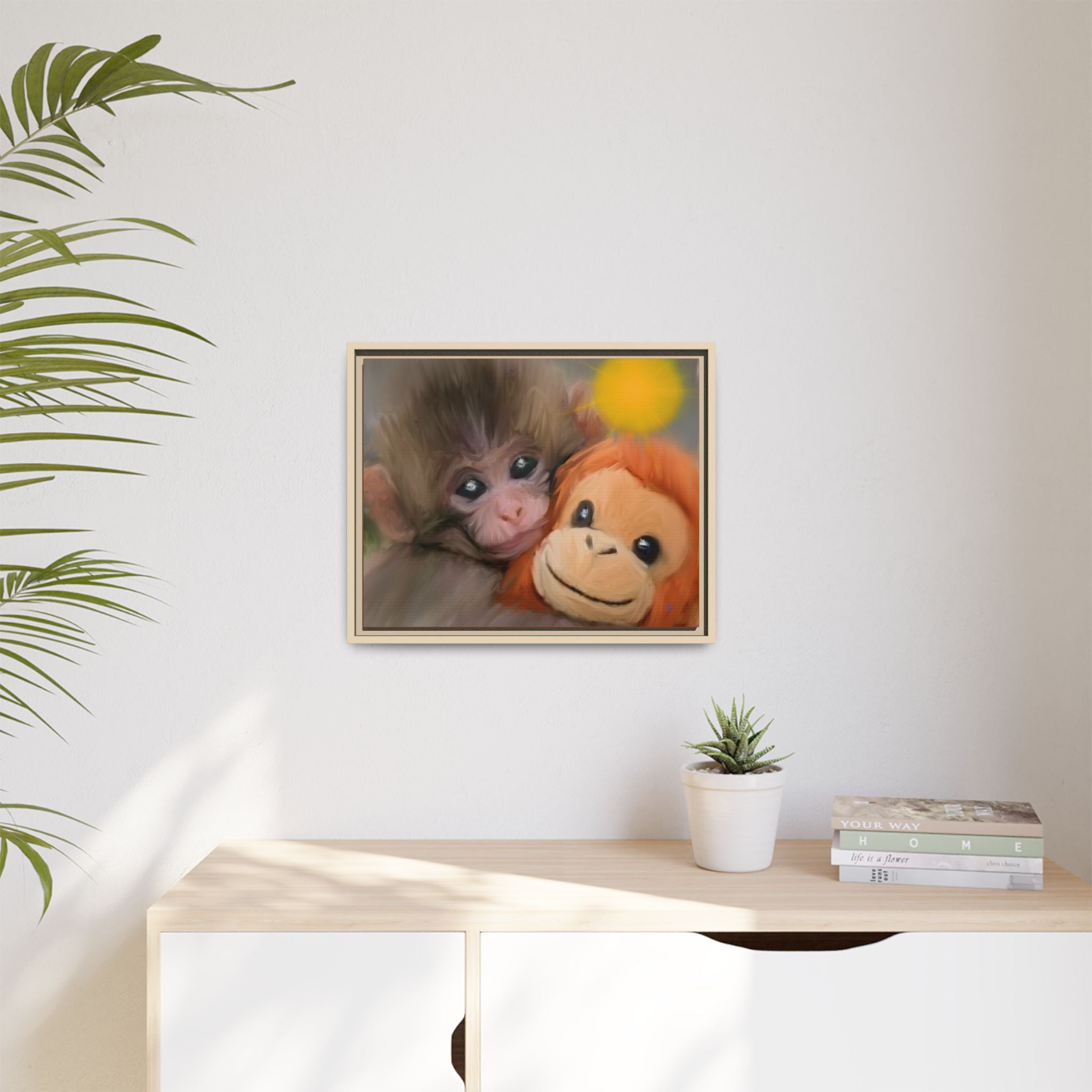 Framed Matte Canvas Print — Baby Monkey & Plush Orangutan Wall Art
