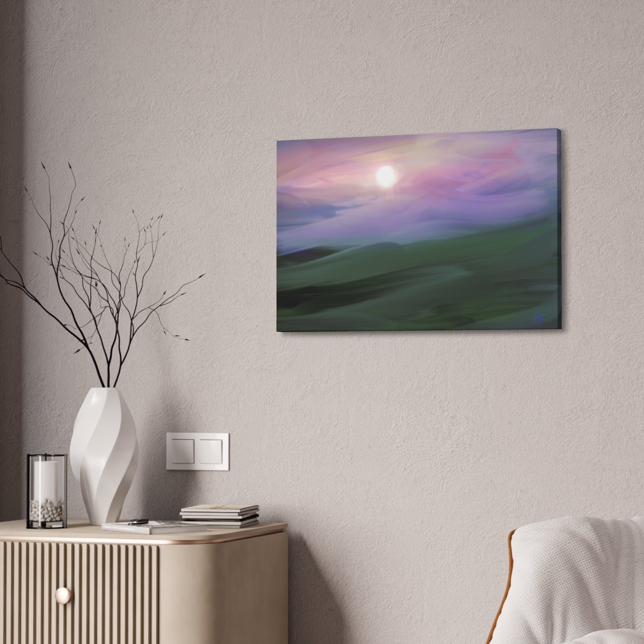Sunrise Mist Landscape Canvas Print — Serene Pastel Wall Art