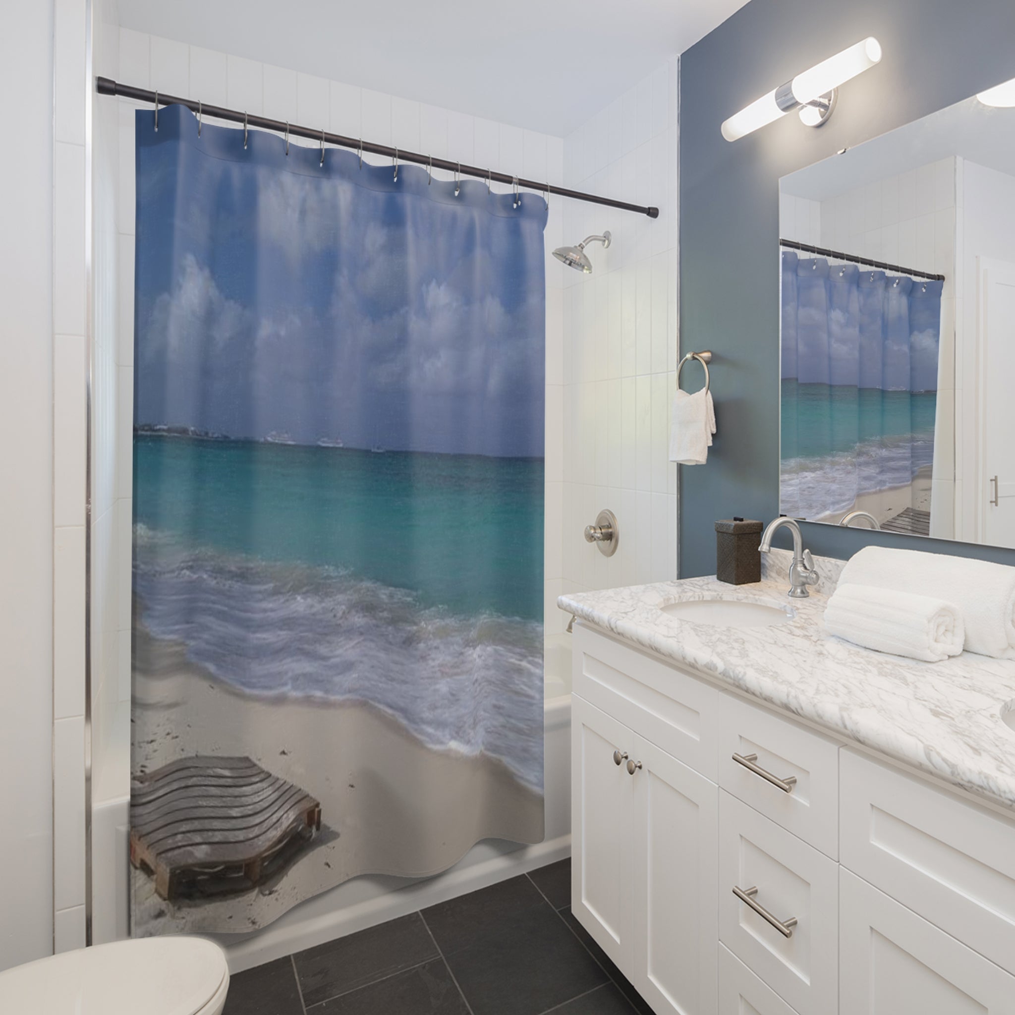 Serene Beach Shower Curtain - Coastal Ocean Wave Decor