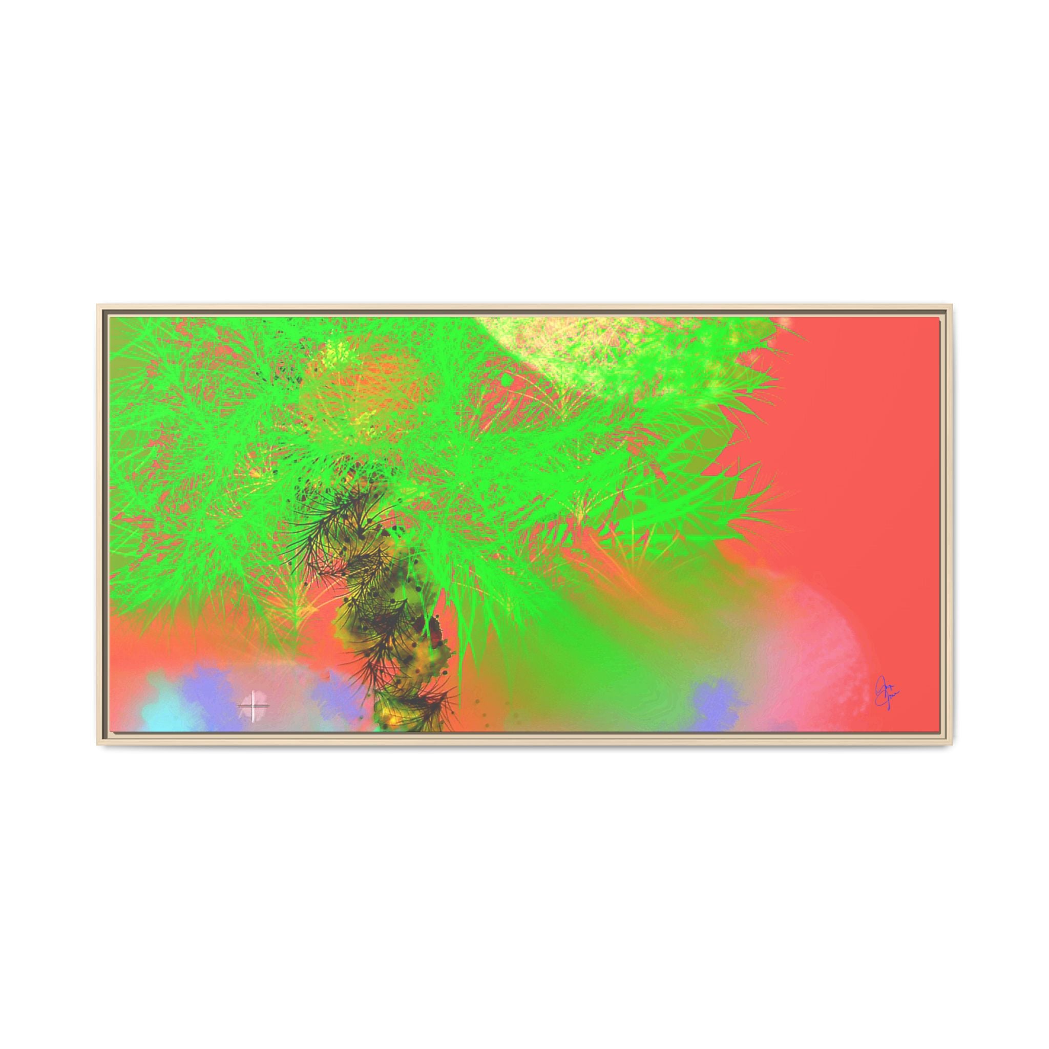 Abstract Neon Tree Matte Canvas Framed Art — Vibrant Green Moon Landscape