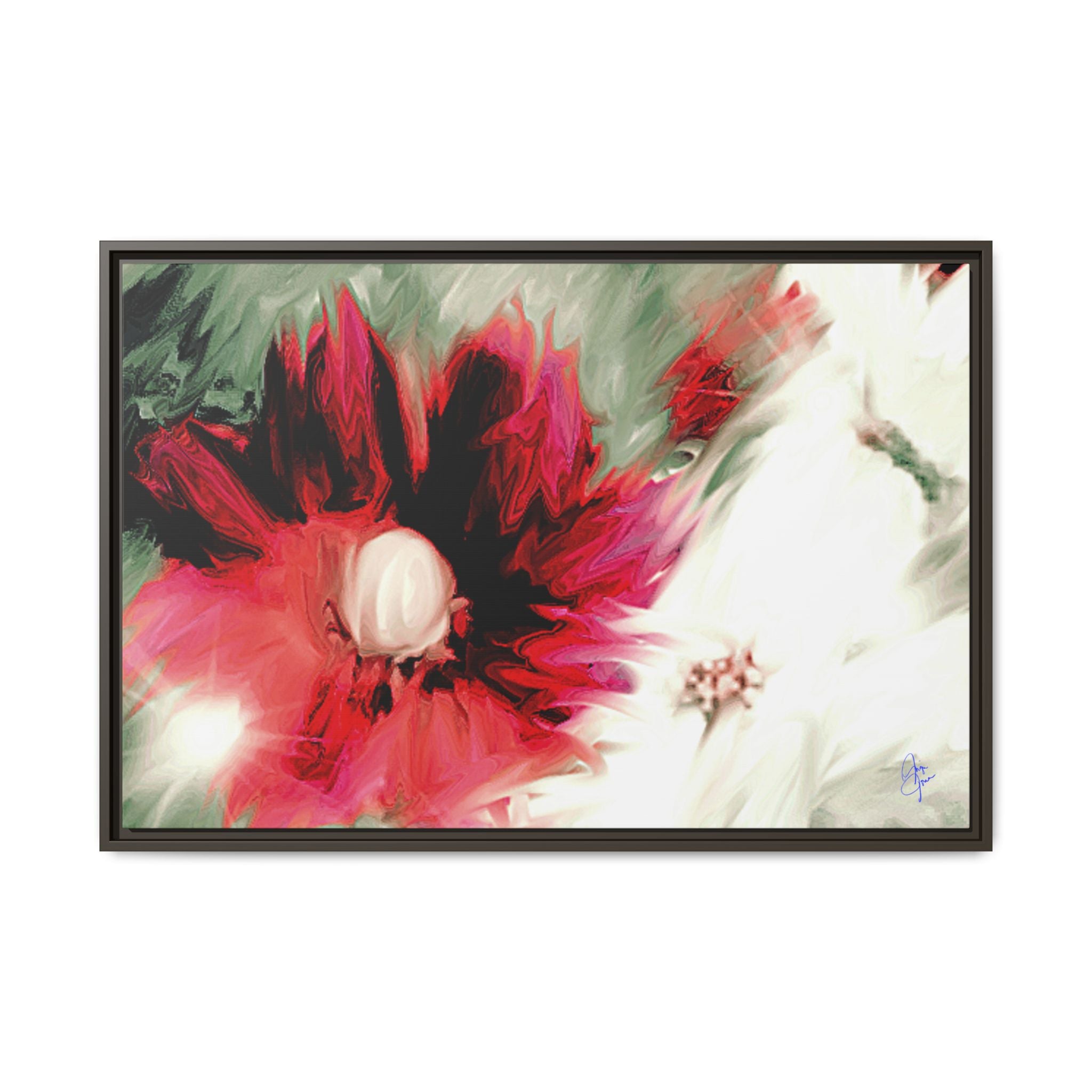 Framed Matte Canvas Print — Blurred Red & White Floral Art