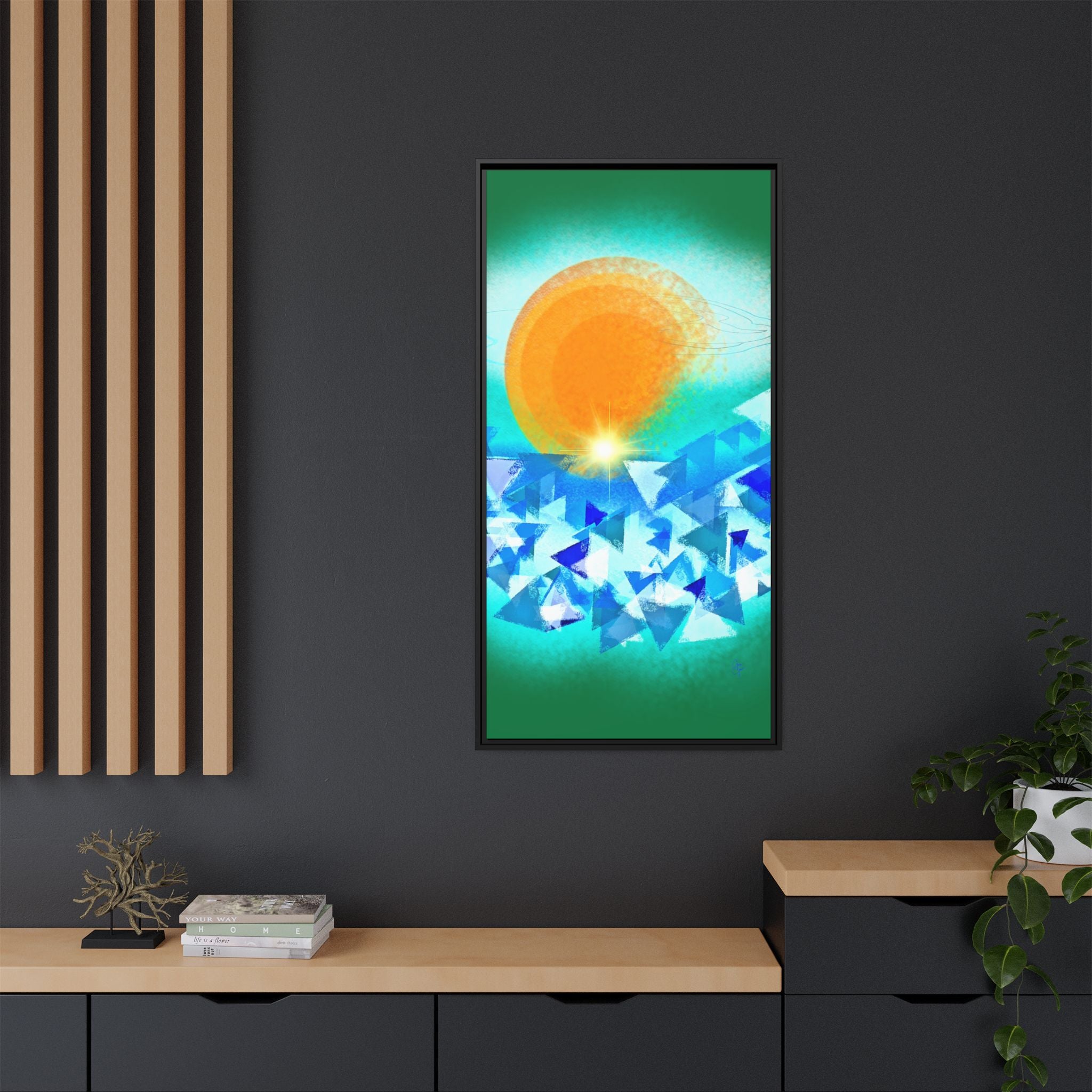 Abstract Sunrise Framed Canvas Art – Orange Sun Over Blue Geometric Waves