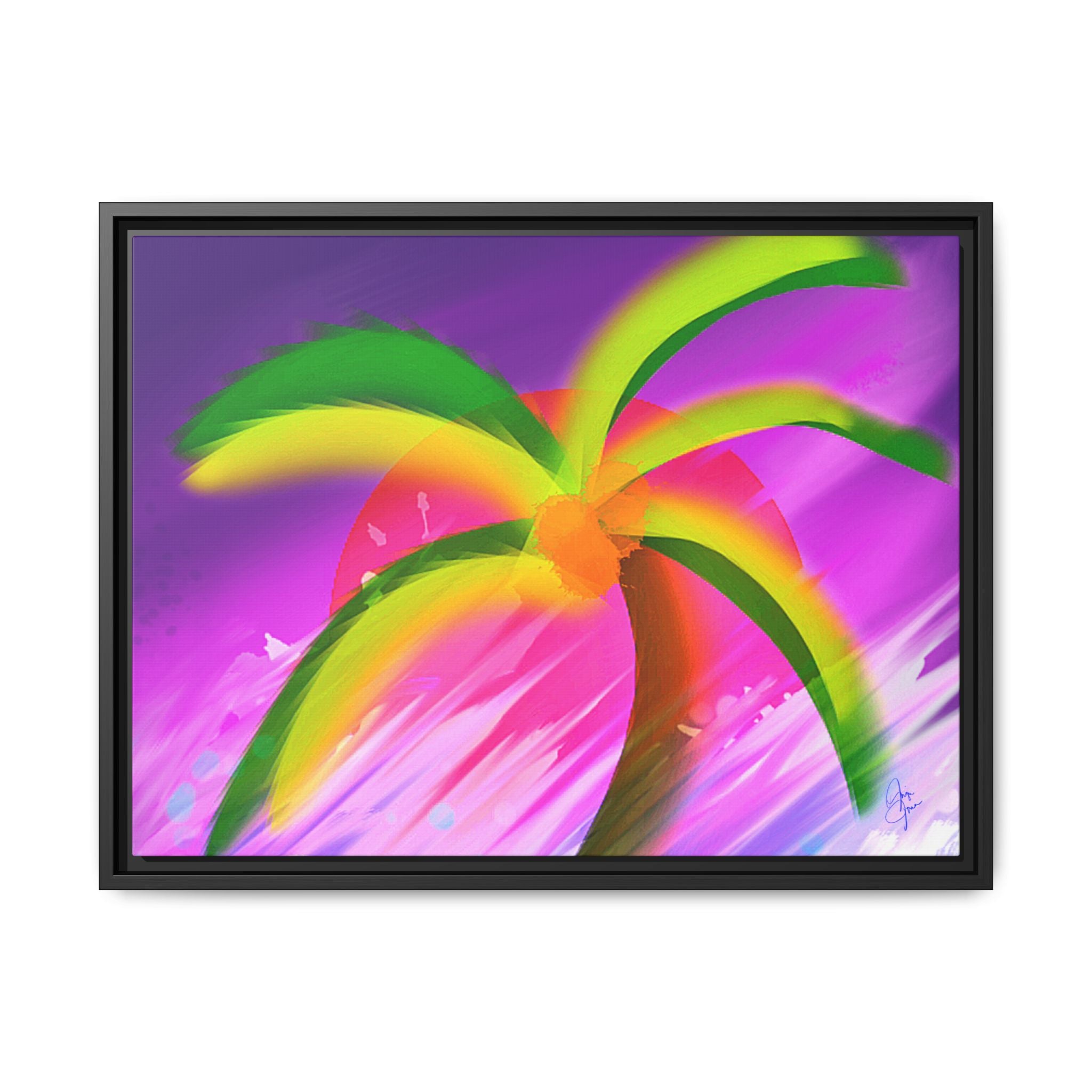 Framed Matte Canvas Print — Neon Palm Beach Art