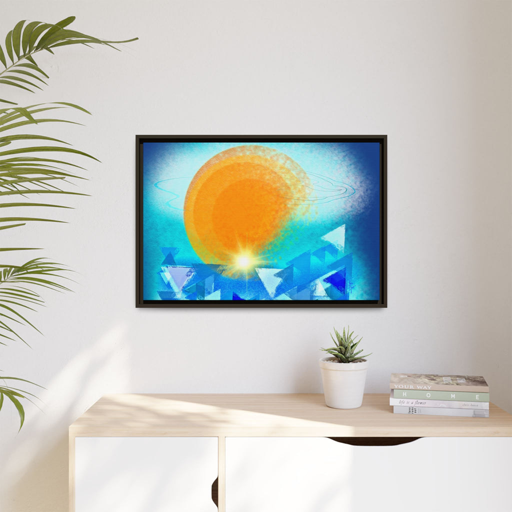 Abstract Sunrise Framed Canvas Art – Orange Sun Over Blue Geometric Waves