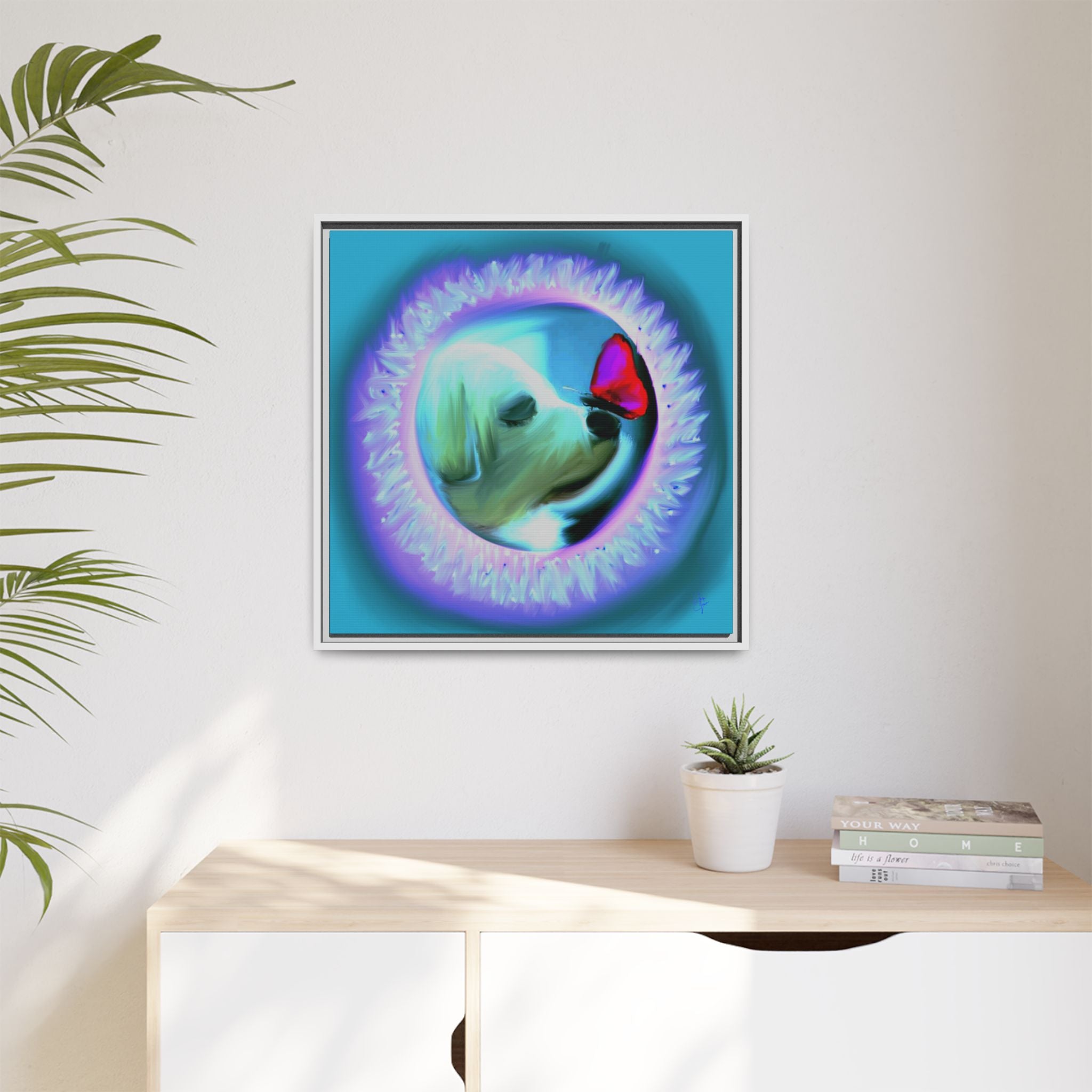 Framed Matte Canvas - Puppy with Butterfly Pop Art