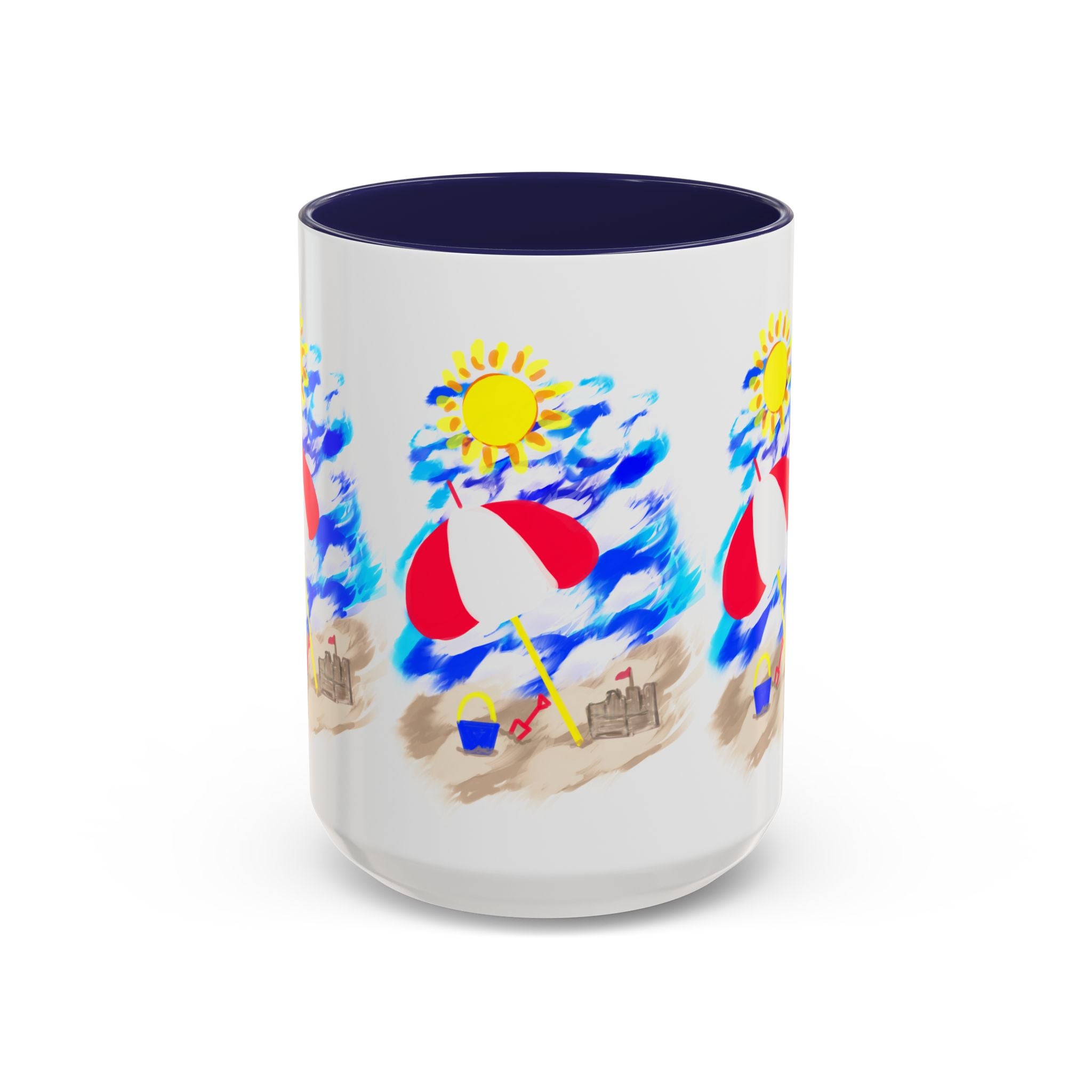 Beach Scene Coffee Mug – Summer Umbrella, Sun & Sandcastle Accent Mug