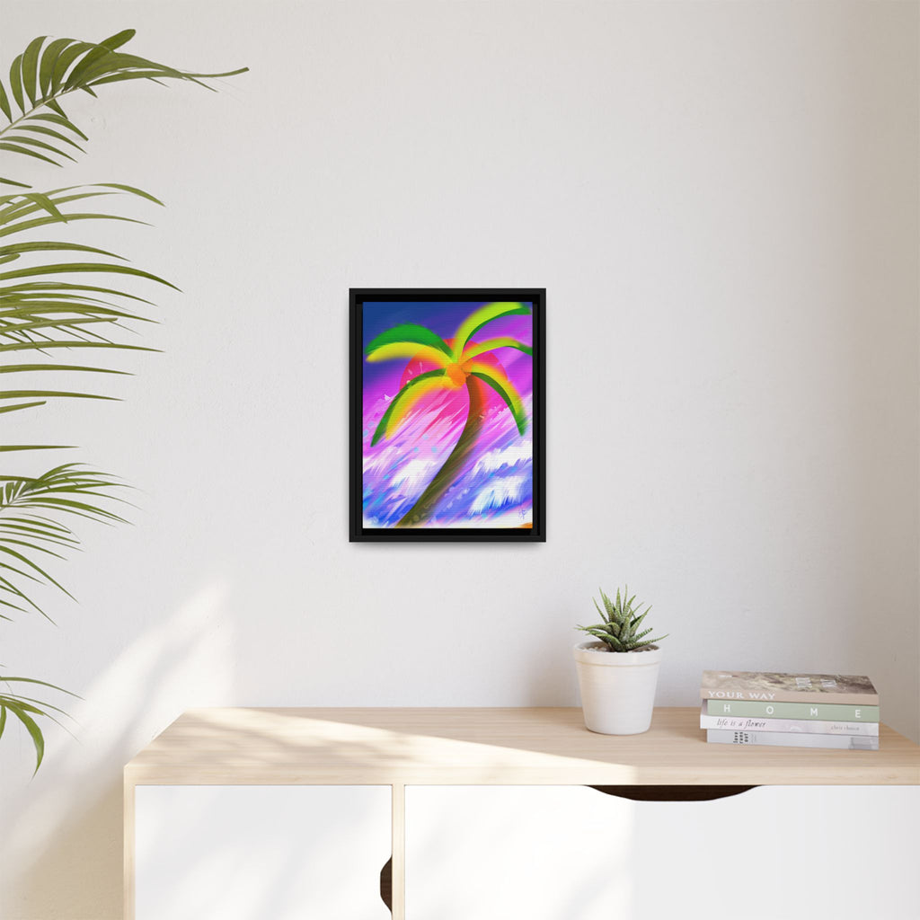 Framed Matte Canvas Print — Neon Palm Beach Art