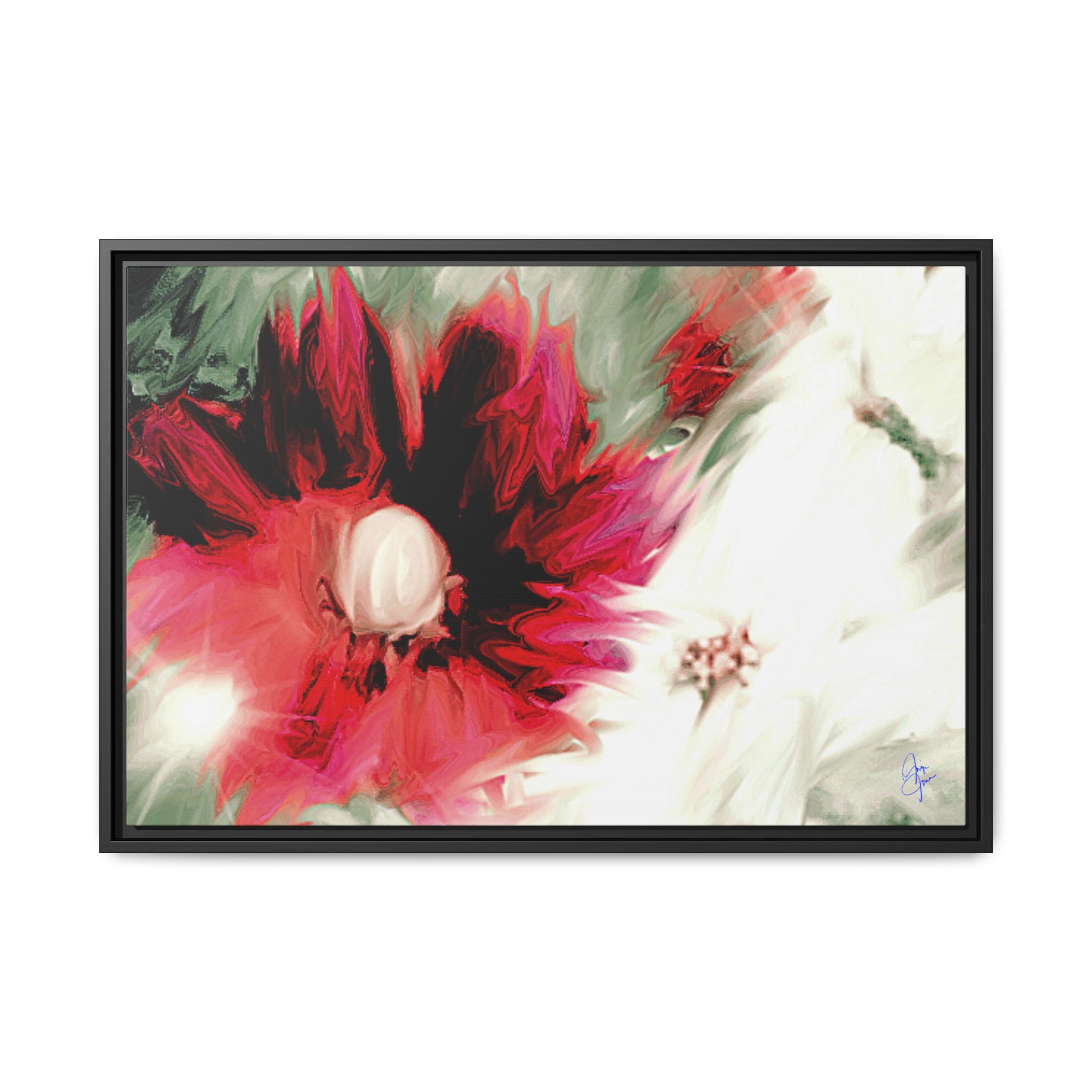 Framed Matte Canvas Print — Blurred Red & White Floral Art