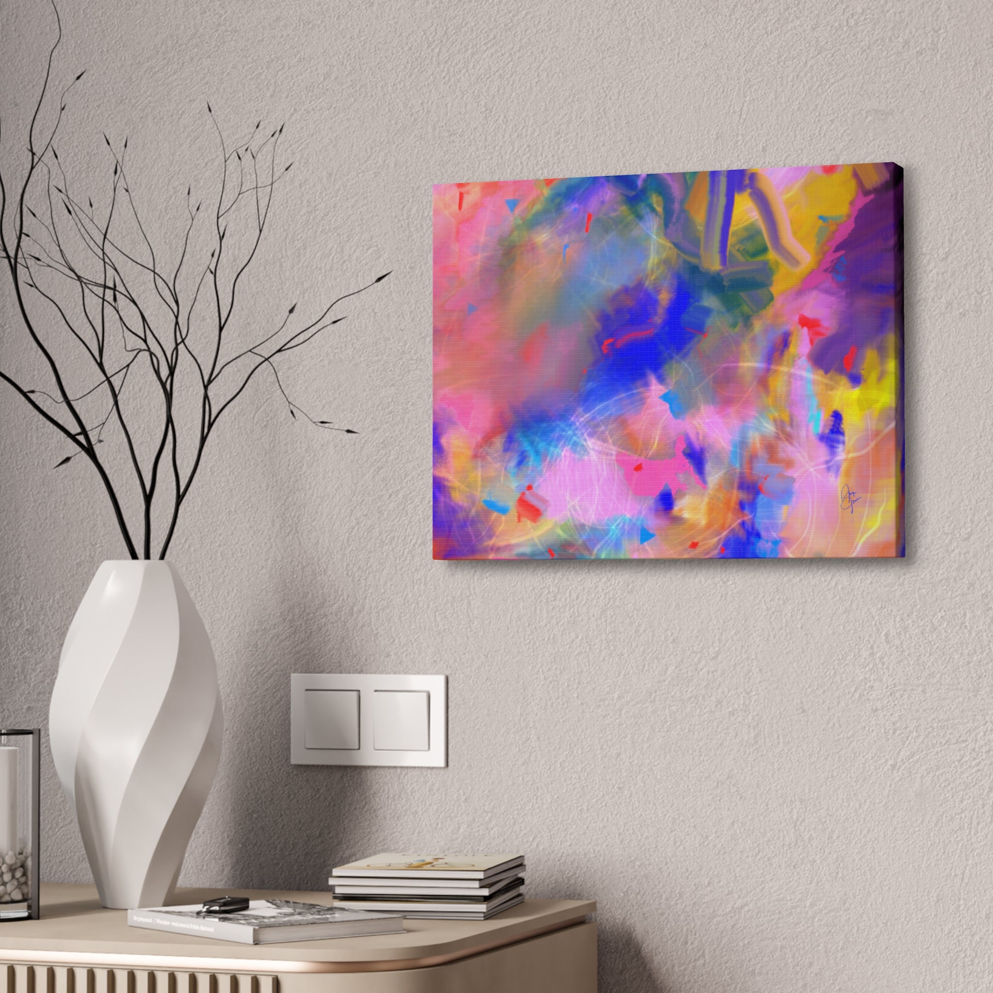 Abstract Color Burst Canvas – Vibrant Pink & Blue Stretched Wall Art