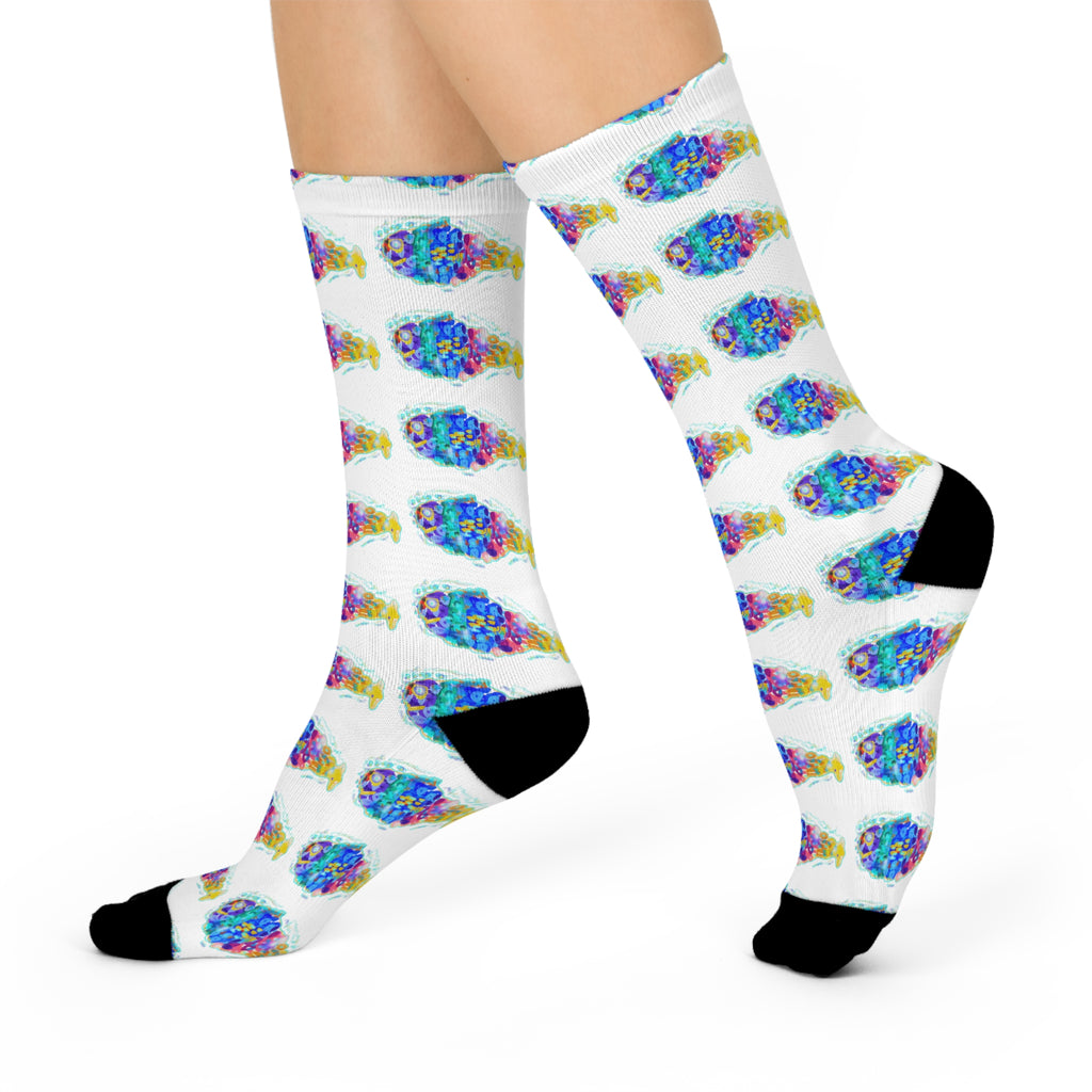 Cushioned Crew Socks — Colorful Abstract Fish Pattern
