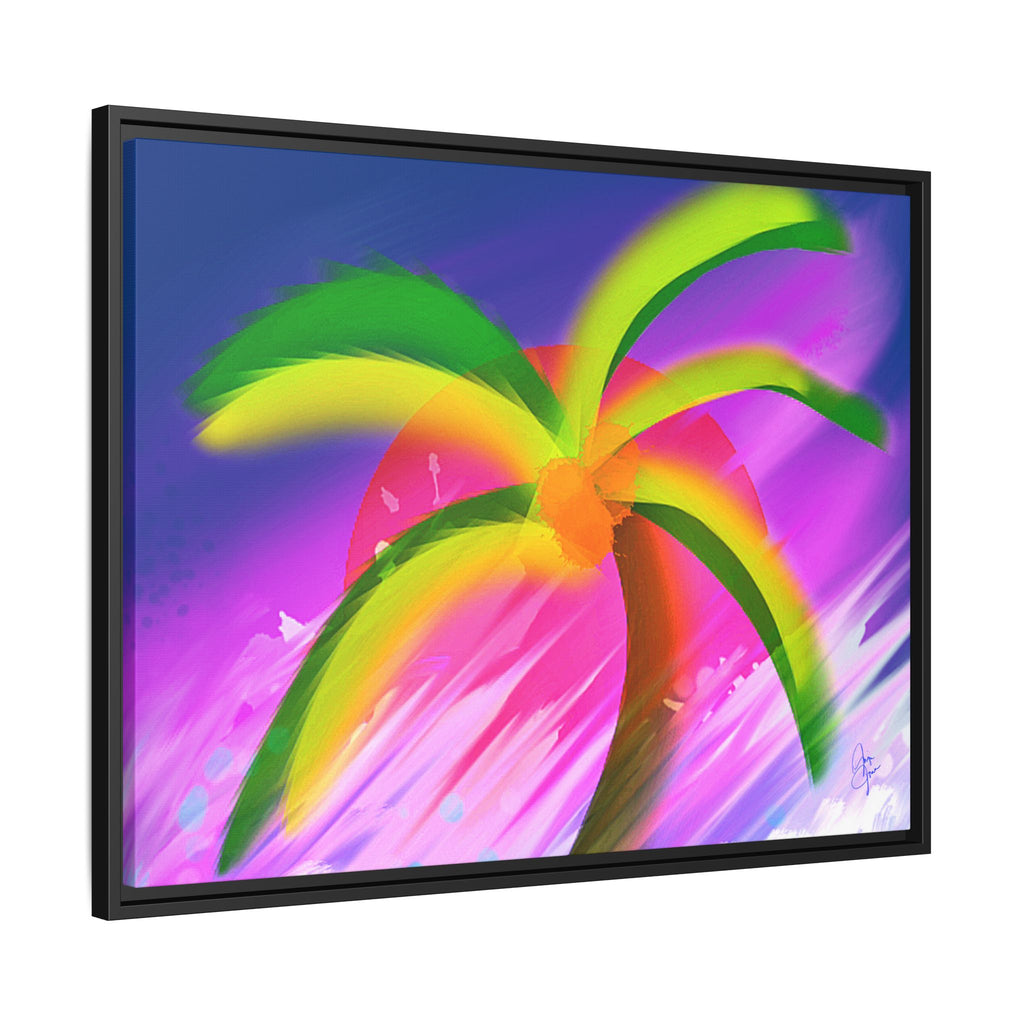Framed Matte Canvas Print — Neon Palm Beach Art