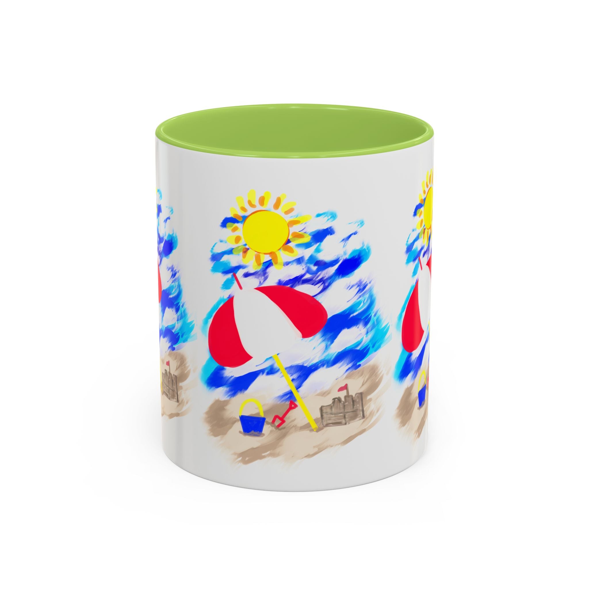 Beach Scene Coffee Mug – Summer Umbrella, Sun & Sandcastle Accent Mug