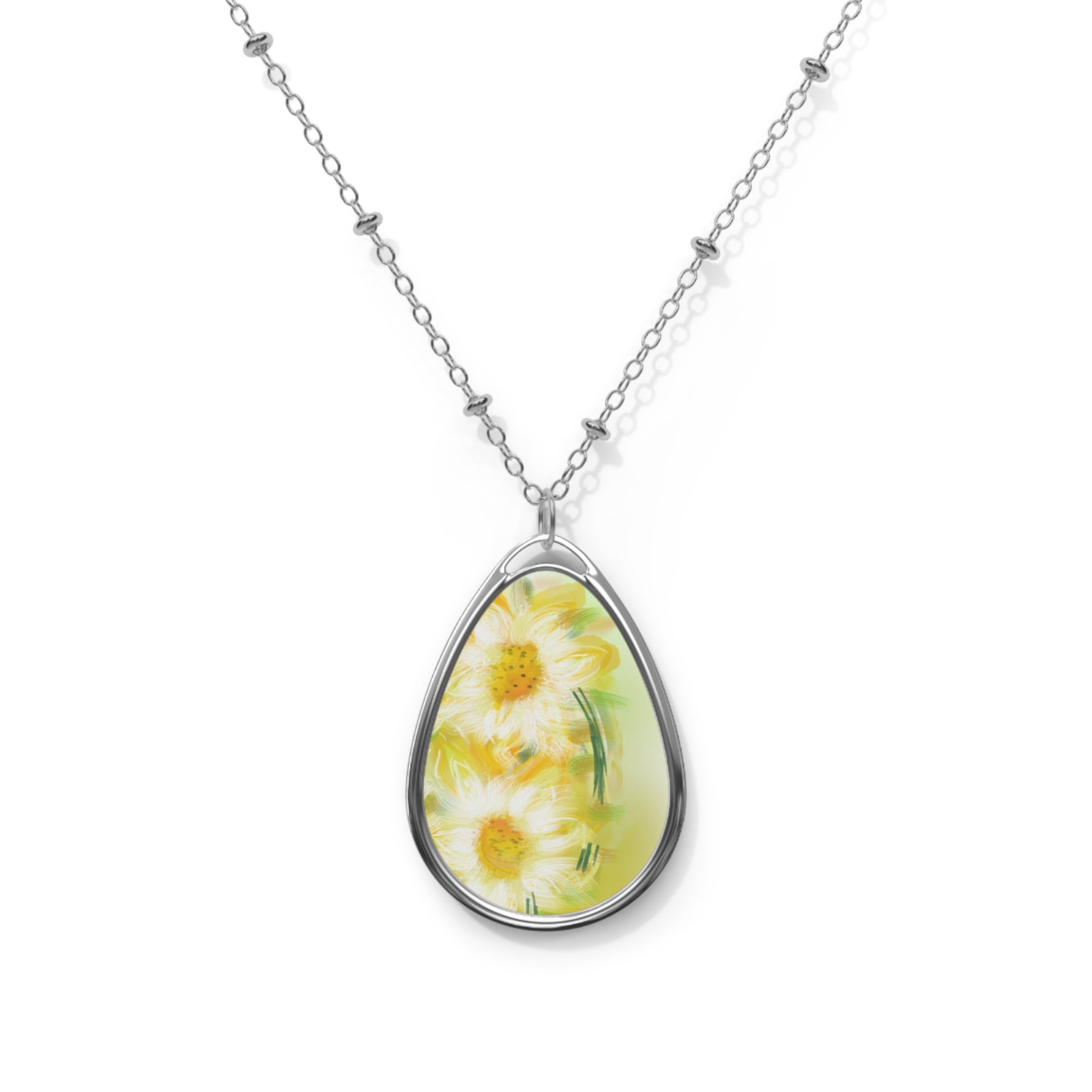 Daisy Oval Pendant Necklace — Handpainted Yellow Floral Teardrop Jewelry