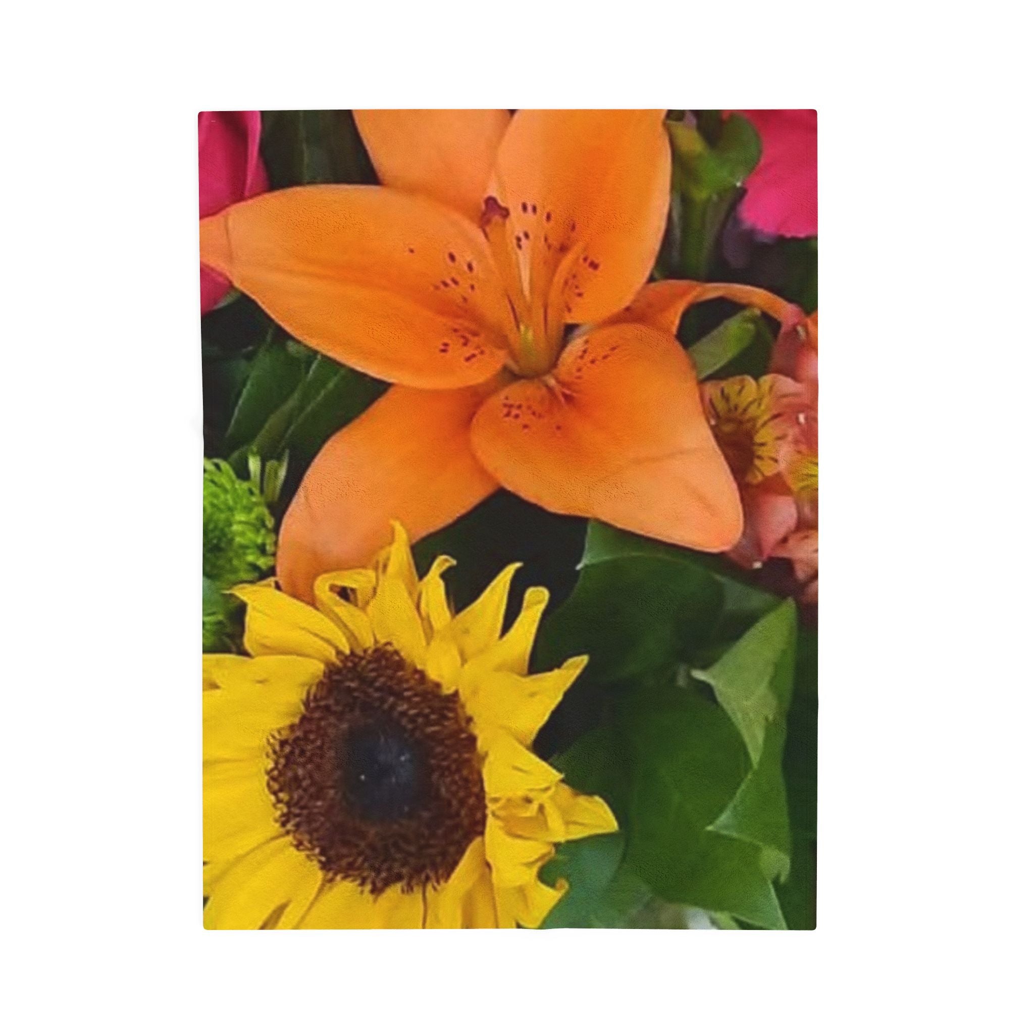Velveteen Plush Blanket — Vibrant Floral Bouquet Throw (Sunflower & Orange Lily)