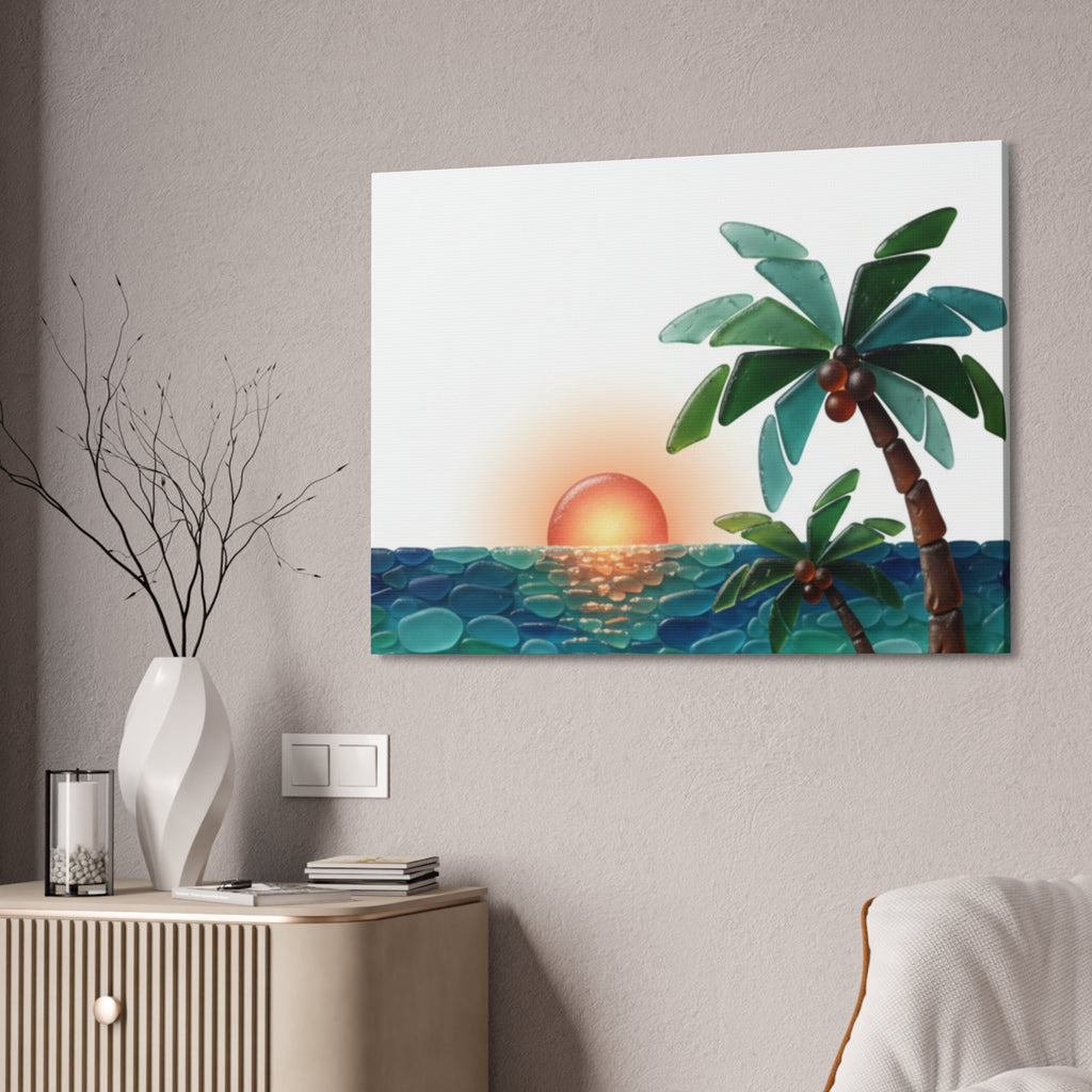 Tropical Sunset Canvas Wall Art — Palm Tree Beach Seascape Stretched Canvas