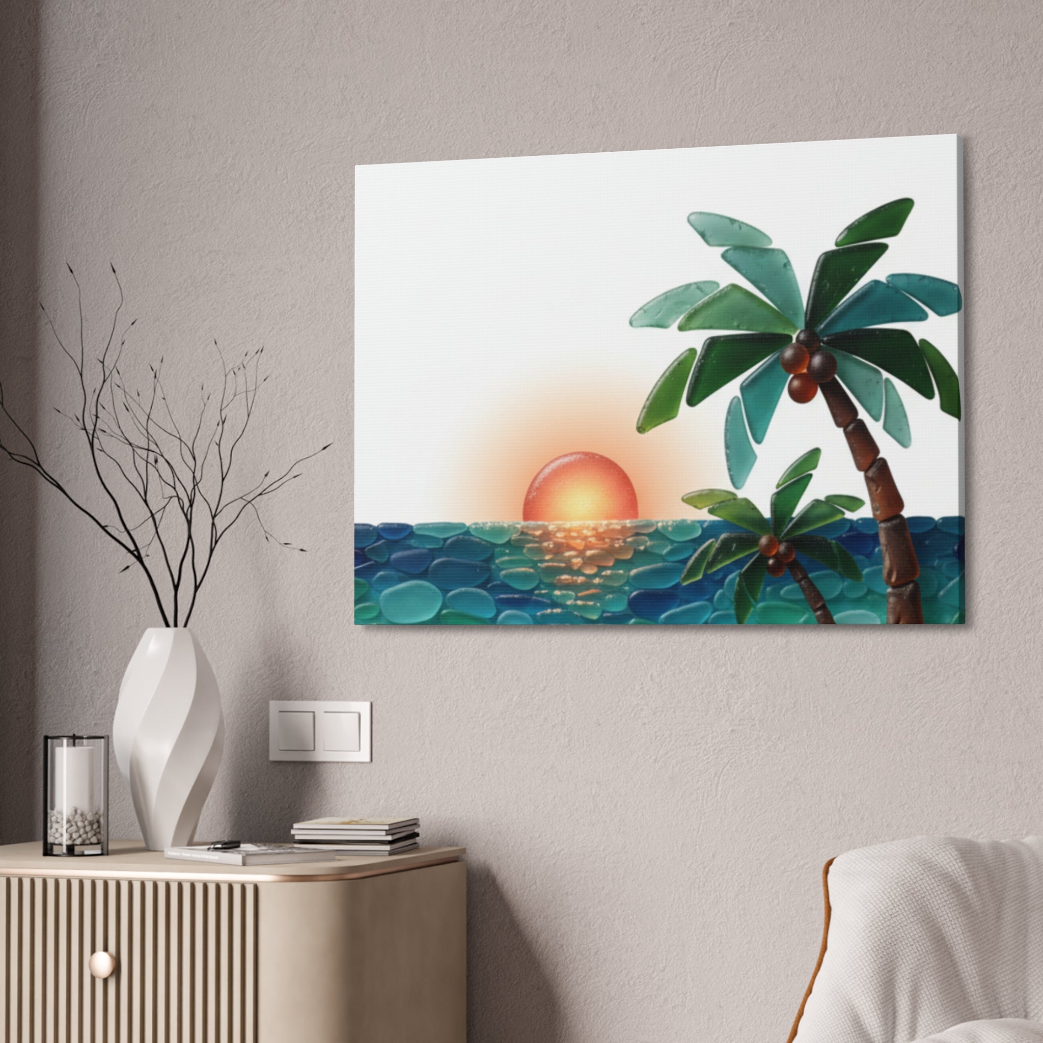 Tropical Sunset Canvas Wall Art — Palm Tree Beach Seascape Stretched Canvas