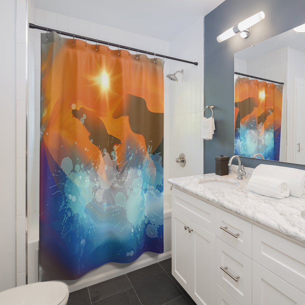 Dolphin Sunset Shower Curtain — Ocean Splash Silhouette Bath Decor