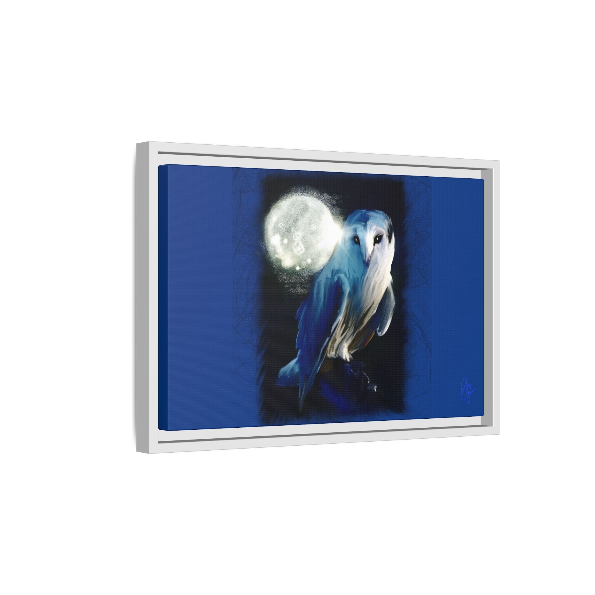 Moonlight Owl Matte Framed Canvas — Mystical Blue Owl Wall Art