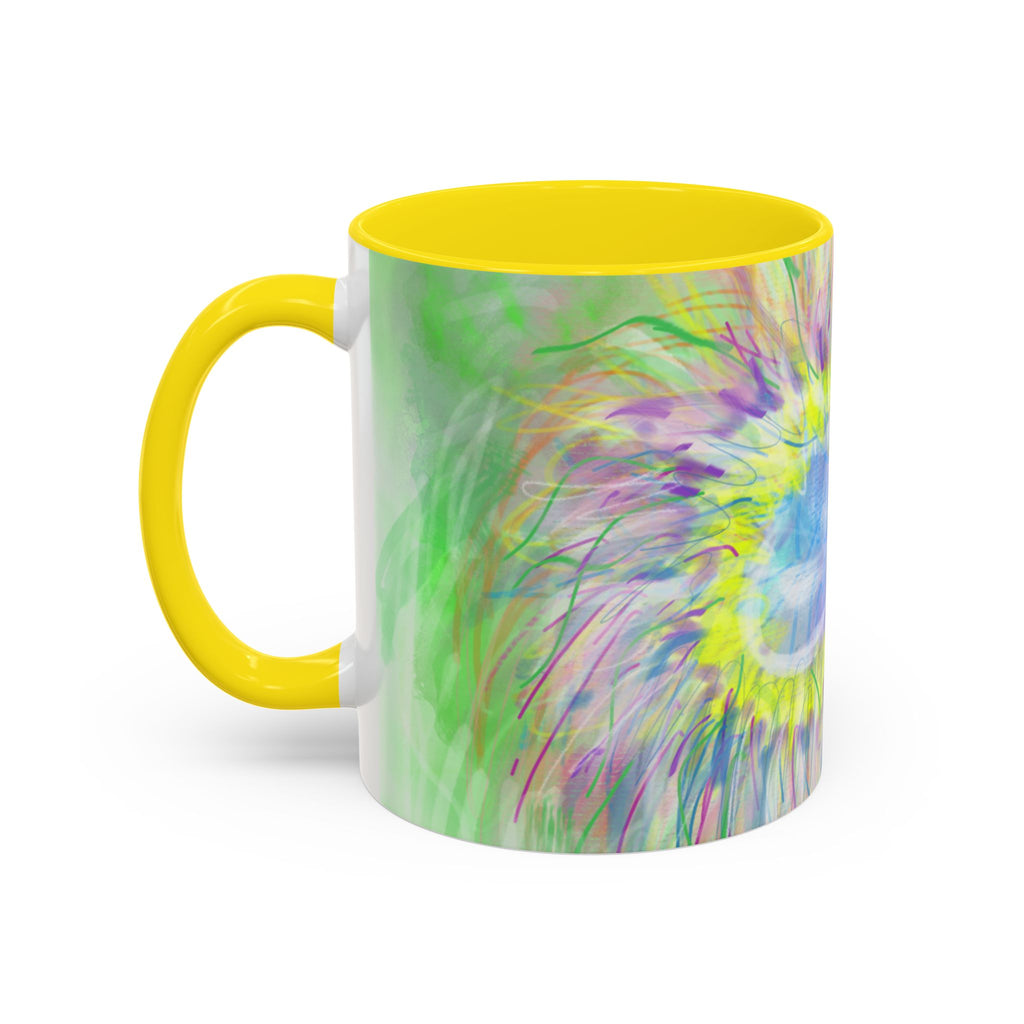 Colorful Sunflower Accent Coffee Mug — Pink Inner Artistic Floral Design (11/15 oz)