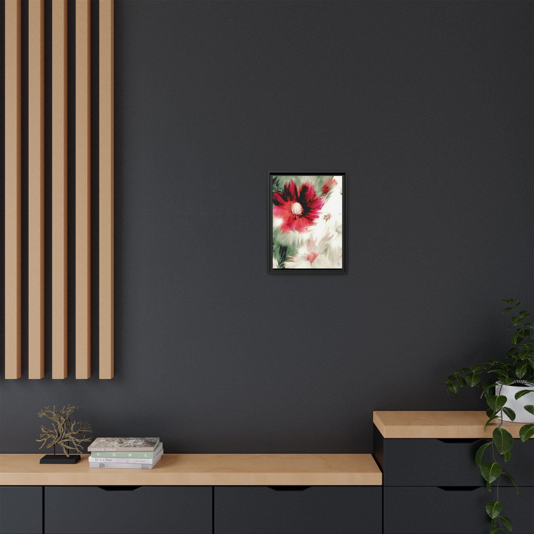 Framed Matte Canvas Print — Blurred Red & White Floral Art