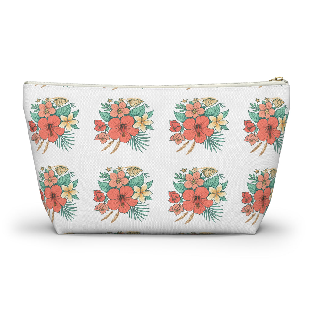 Tropical Floral Accessory Pouch — Hibiscus Cosmetic Bag with T-Bottom