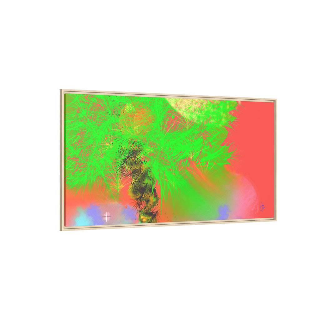Abstract Neon Tree Matte Canvas Framed Art — Vibrant Green Moon Landscape