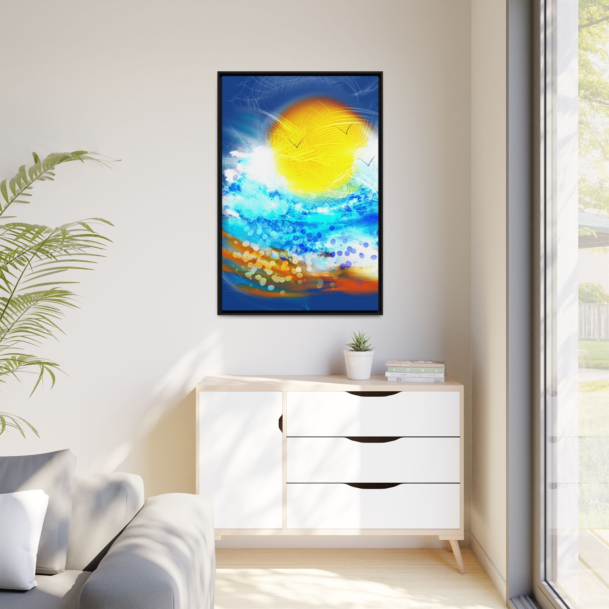 Sunshine Shore Matte Canvas Framed Wall Art — Bright Abstract Beach Print