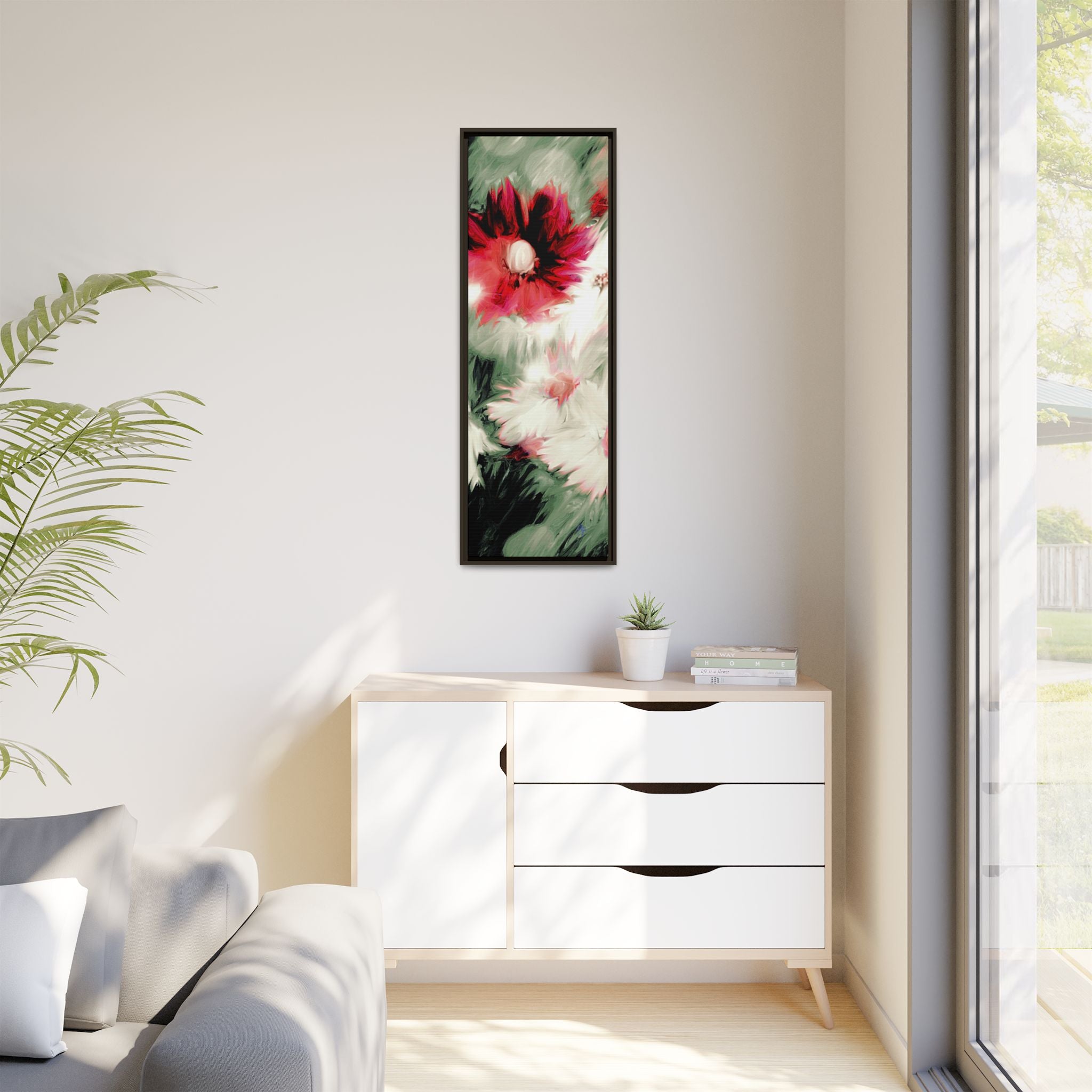 Framed Matte Canvas Print — Blurred Red & White Floral Art