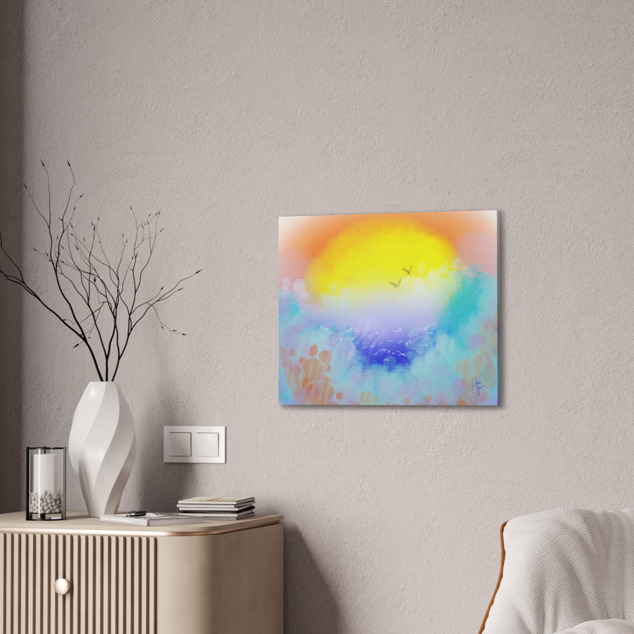 Sunrise Seascape Canvas Wall Art – Pastel Ocean Waves with Birds