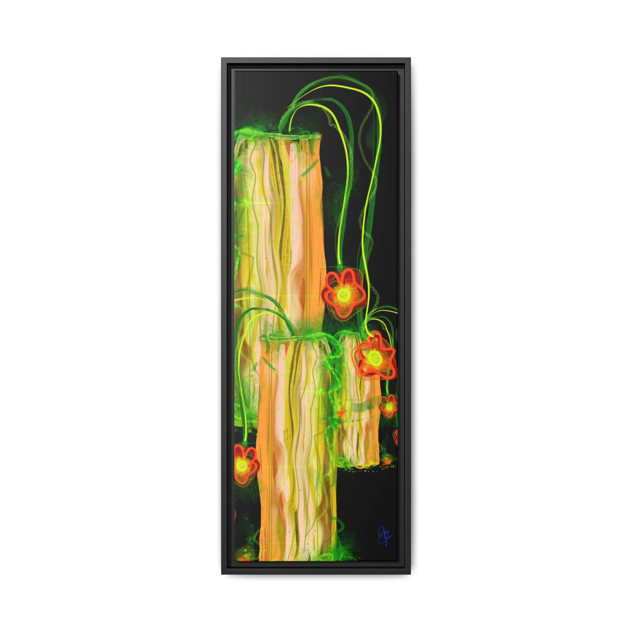 Framed Matte Canvas Print — Neon Floral Candlelight Art