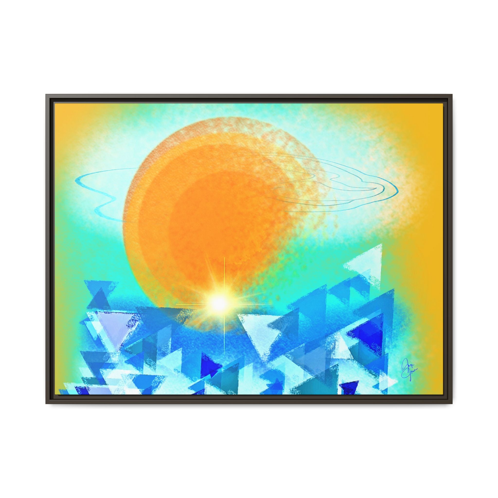 Abstract Sunrise Framed Canvas Art – Orange Sun Over Blue Geometric Waves
