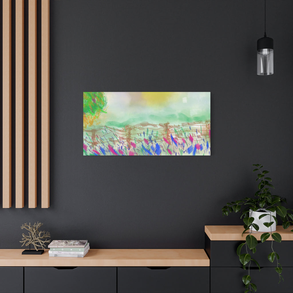 Sunlit Meadow Matte Canvas Wall Art — Pastel Landscape Stretched Canvas