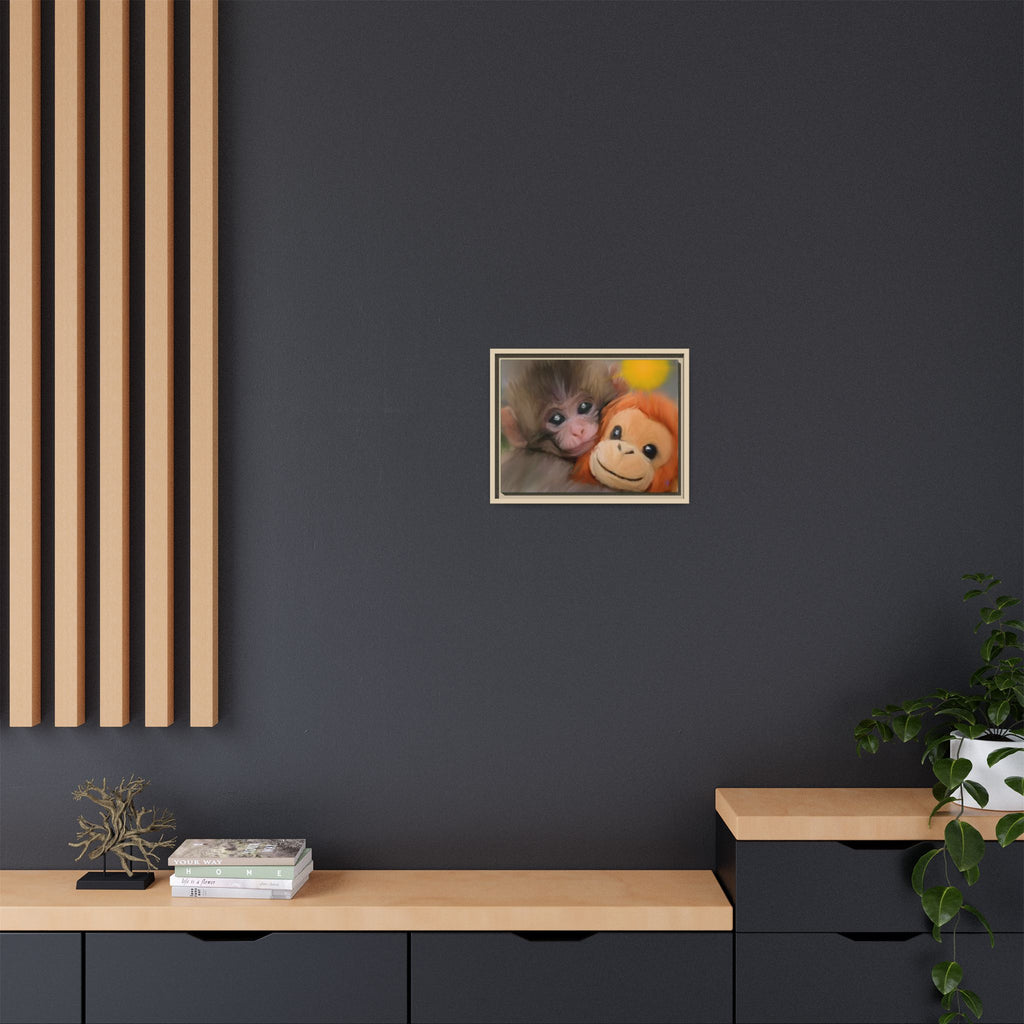 Framed Matte Canvas Print — Baby Monkey & Plush Orangutan Wall Art