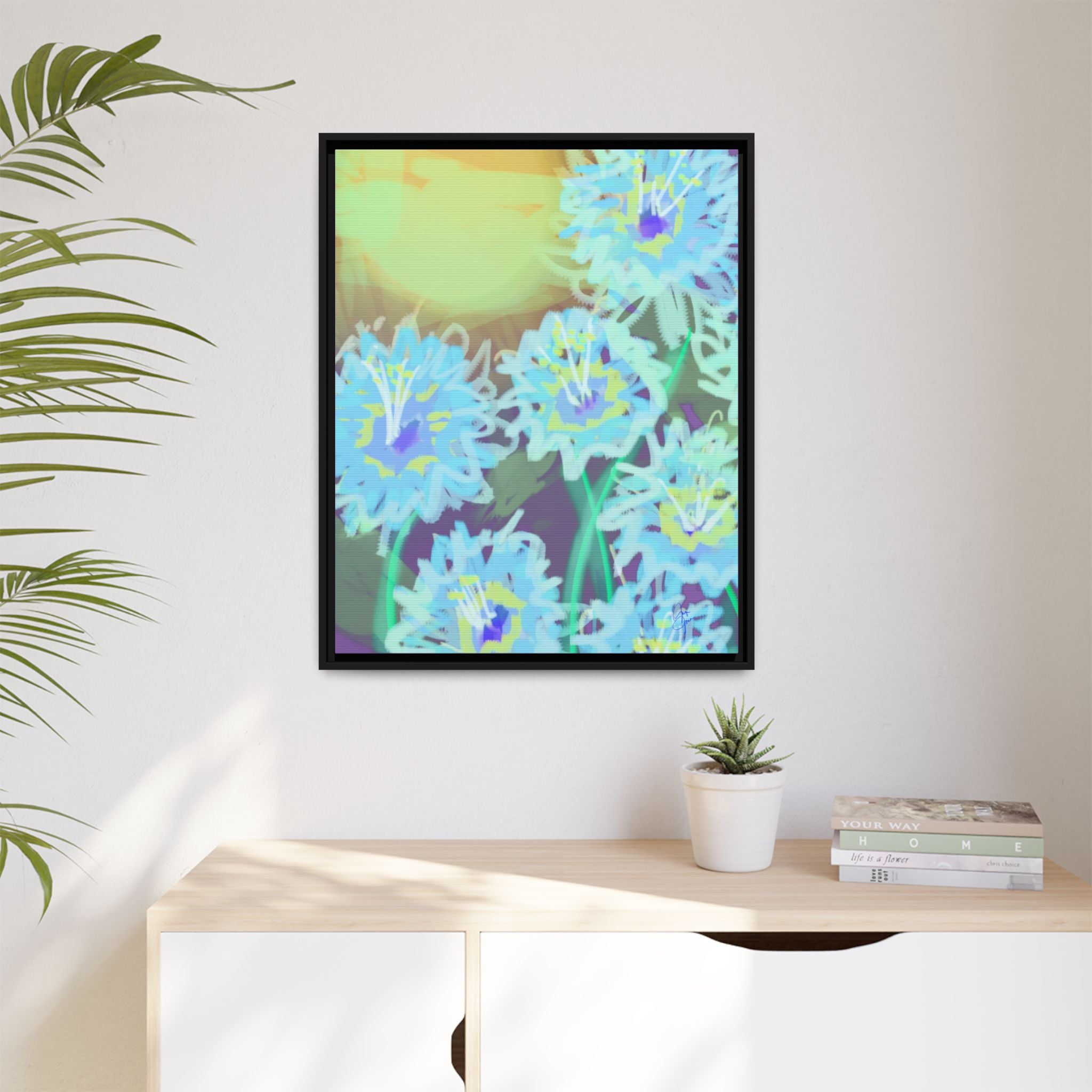 Framed Floral Canvas Art — Blue & Yellow Abstract Bouquet (Matte)