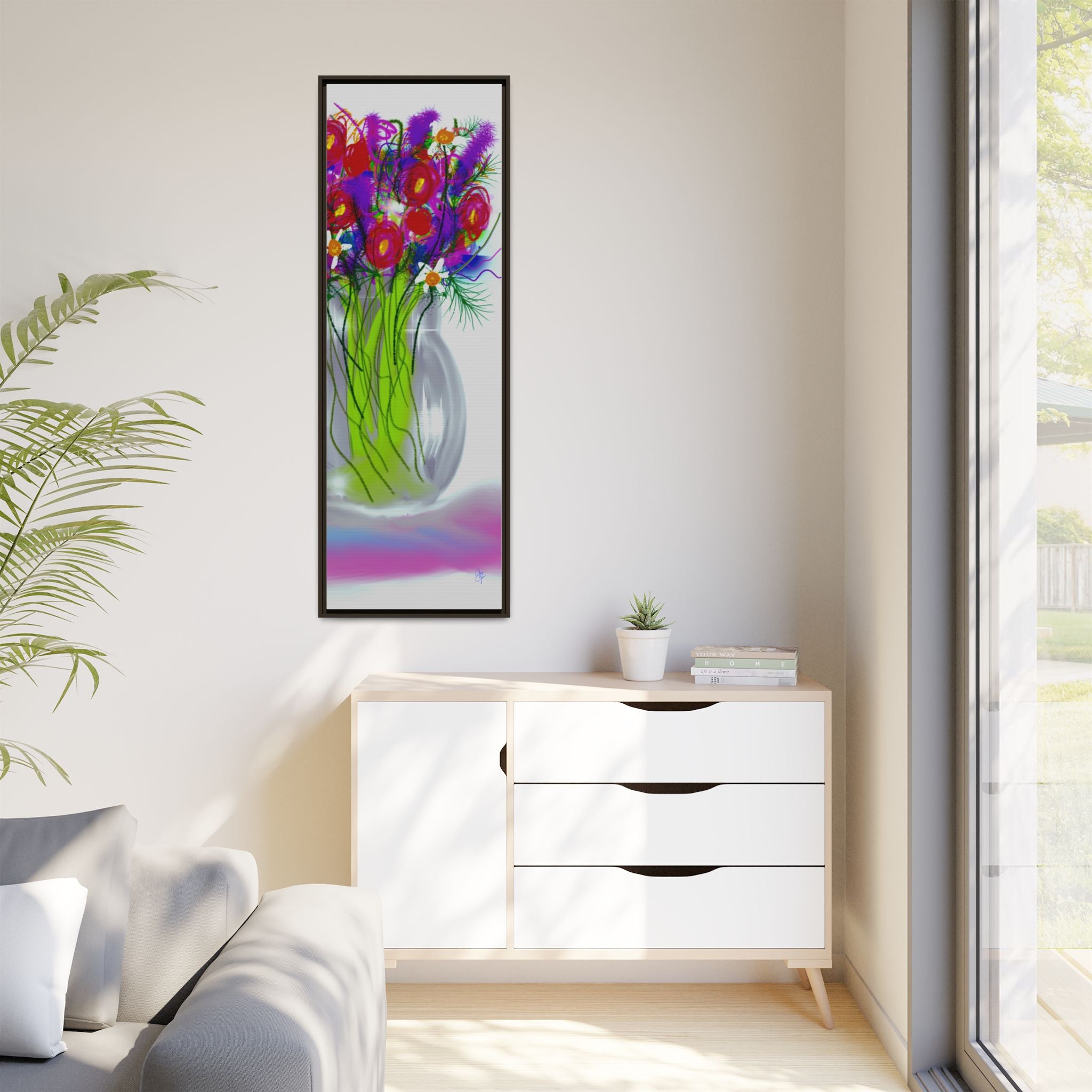 Framed Floral Bouquet Matte Canvas Wall Art — Colorful Abstract Flowers in Vase