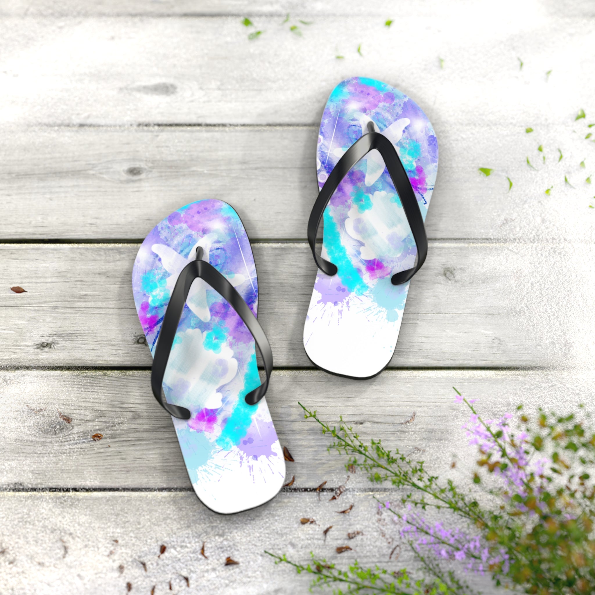Watercolor Tie-Dye Flip Flops — Turquoise & Purple Beach Sandals
