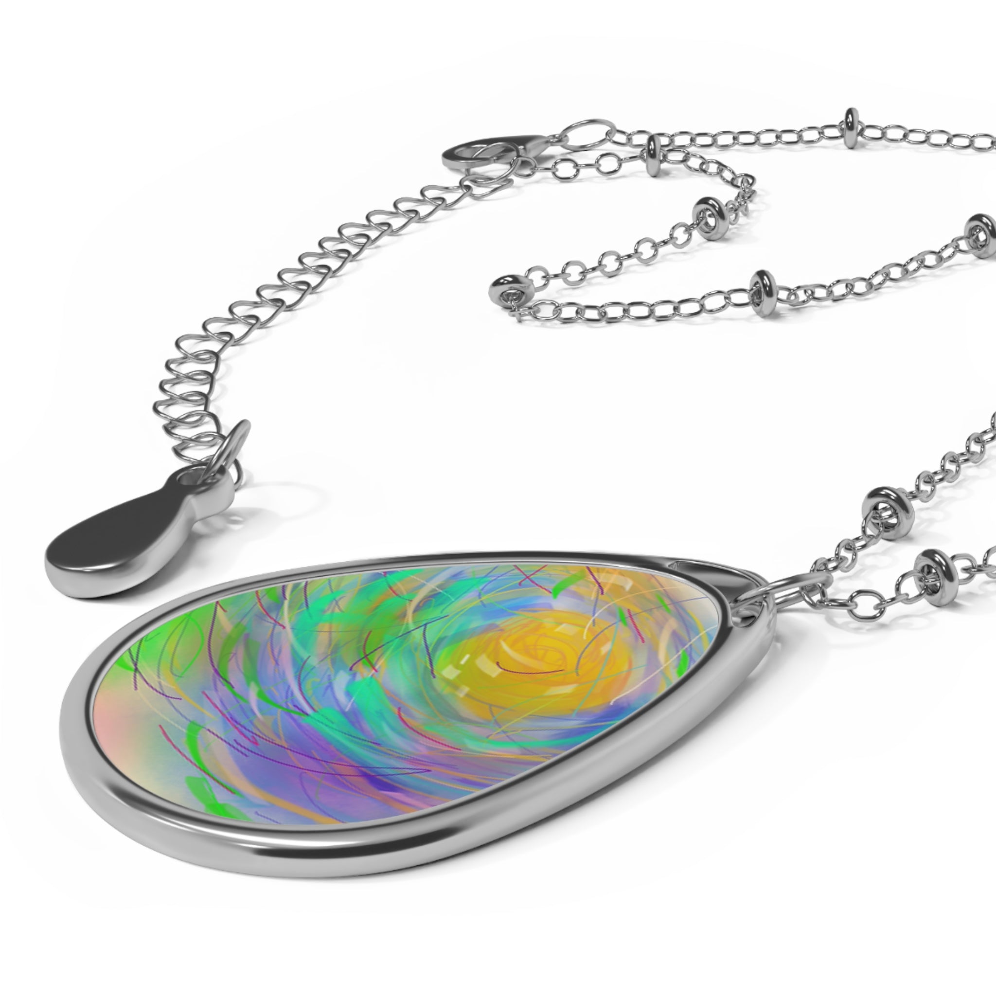 Iridescent Oval Pendant Necklace — Colorful Swirl Teardrop Jewelry