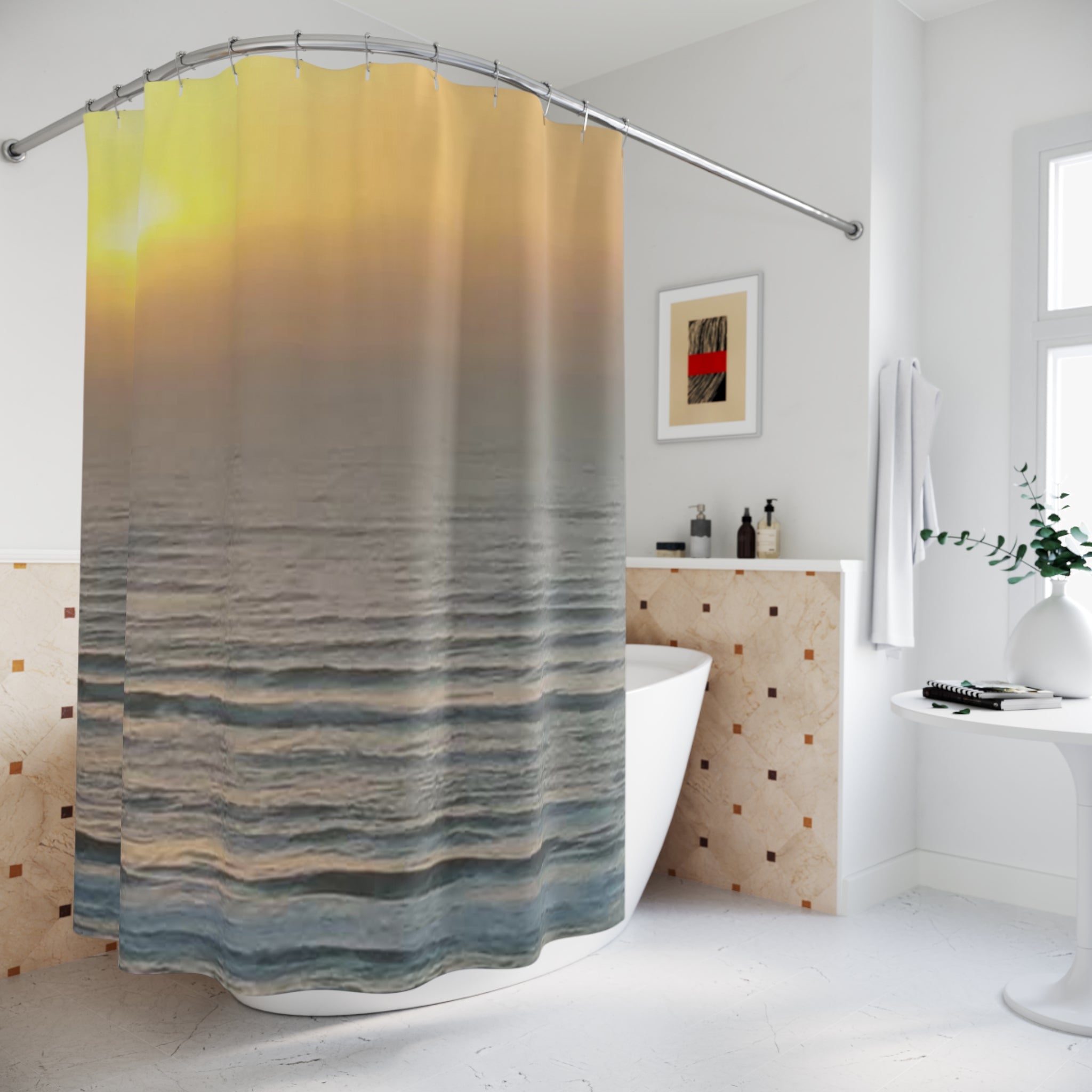 Sunrise Ocean Shower Curtain — Tranquil Coastal Bathroom Decor