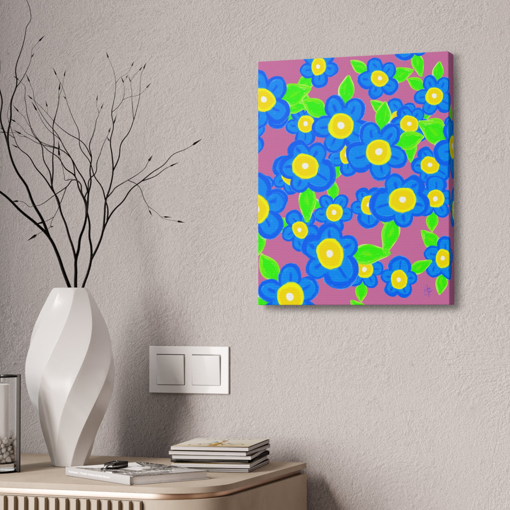 Blue Floral Canvas Wall Art — Bright Hand-Drawn Flowers on Mustard Background
