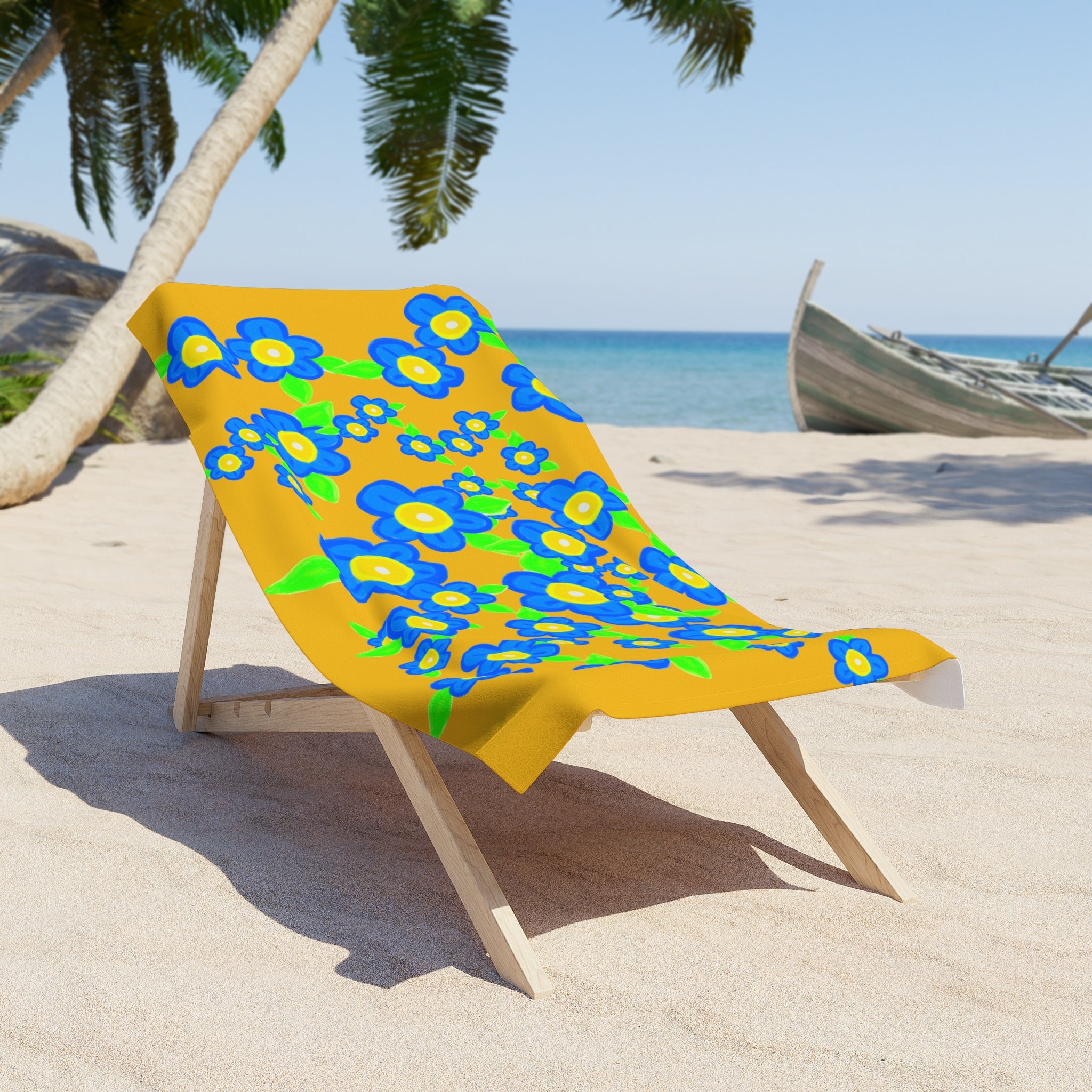 Sunny Blue Floral Beach Towel — Bright Yellow Blue Flower Print