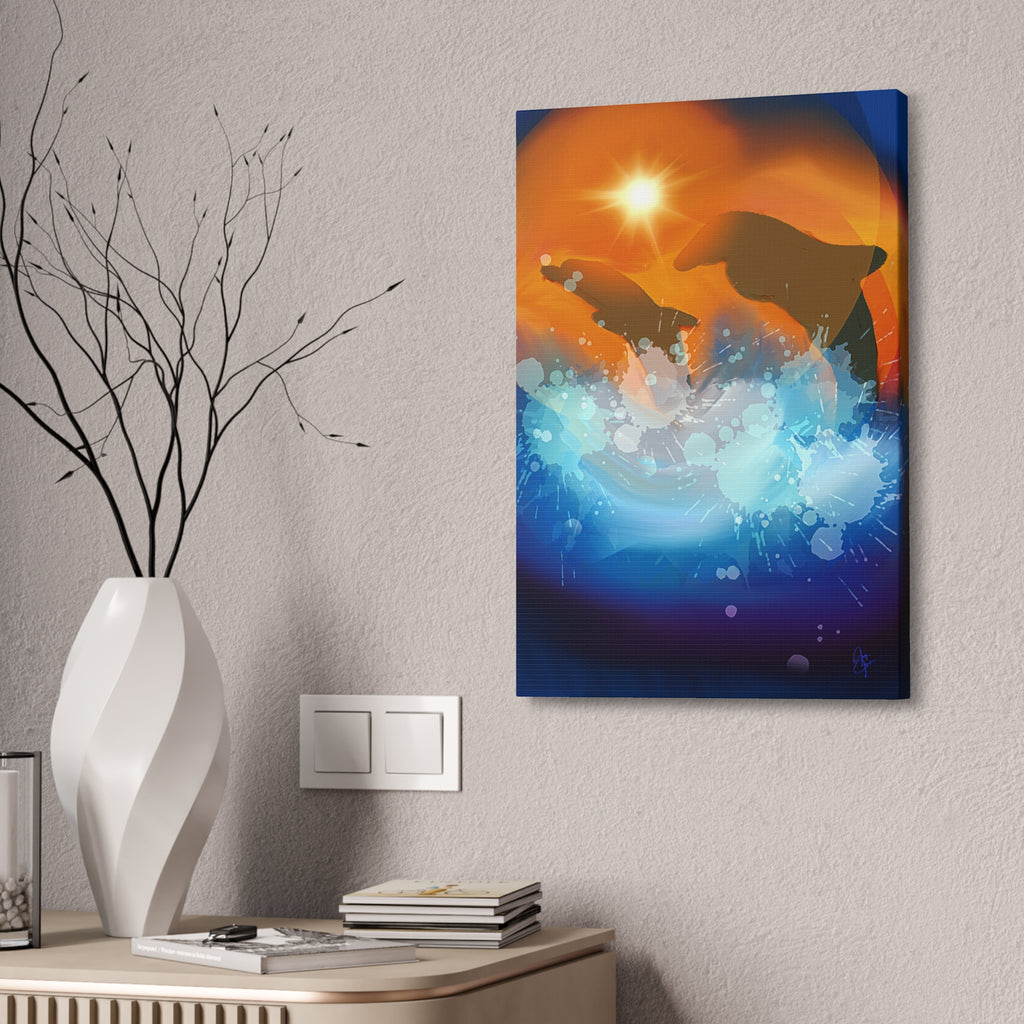 Sunset Dolphin Canvas Wall Art — Vibrant Ocean Sunset Stretch Canvas