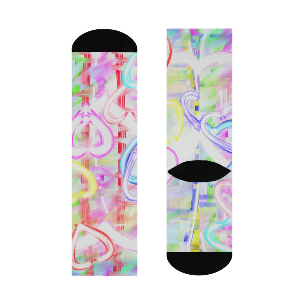 Pastel Heart Cushioned Crew Socks — Colorful Watercolor Hearts Knee-High Socks