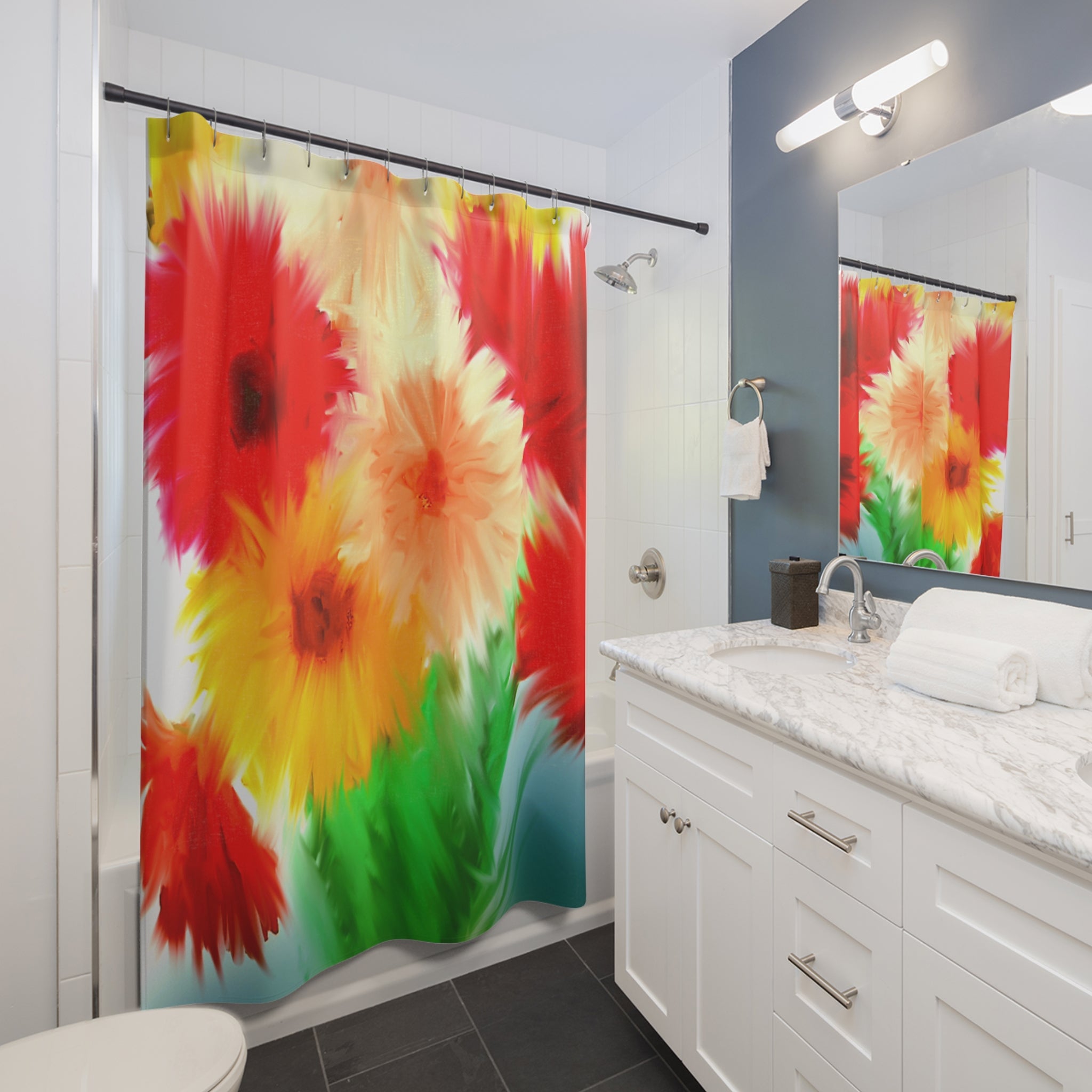 Floral Burst Shower Curtain — Vibrant Watercolor Red & Yellow Flower Bathroom Decor
