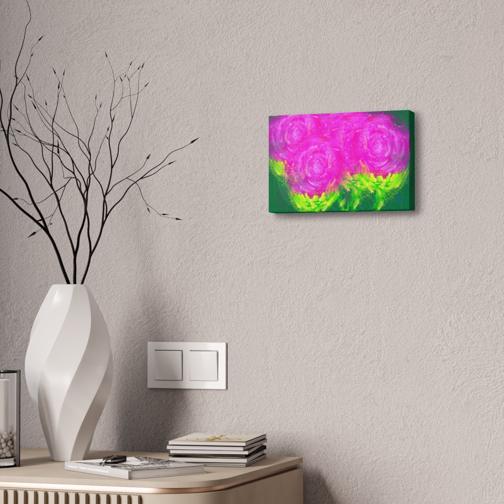 Bright Pink Floral Canvas Print — Modern Abstract Rose Wall Art (Stretched Canvas)