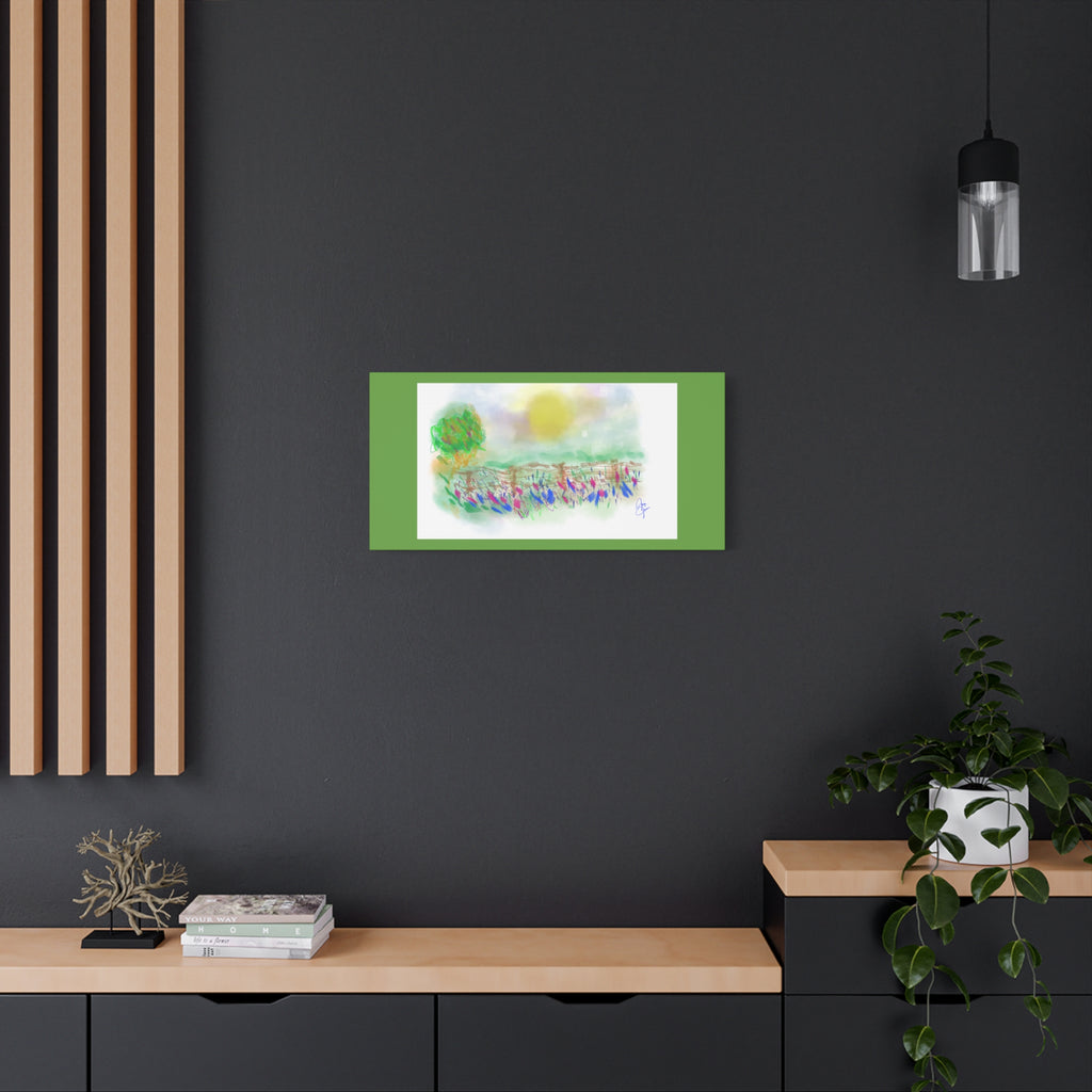 Sunlit Meadow Matte Canvas Wall Art — Pastel Landscape Stretched Canvas