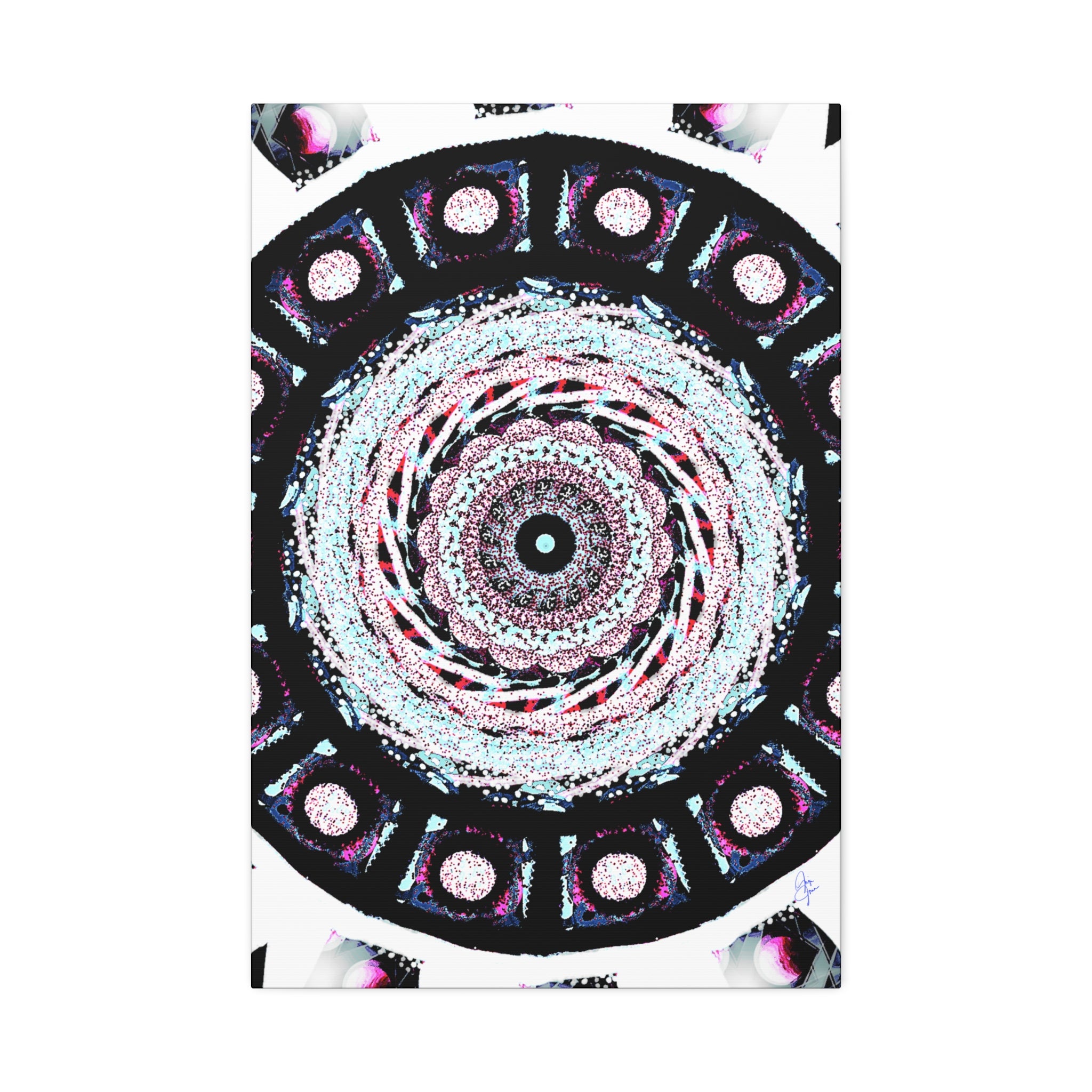 Mandala Kaleidoscope Canvas Wall Art — Psychedelic Pink & Teal Stretched Canvas (1.5")