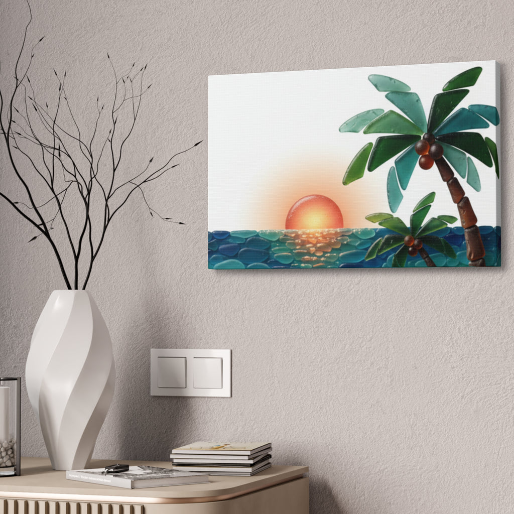 Tropical Sunset Canvas Wall Art — Palm Tree Beach Seascape Stretched Canvas