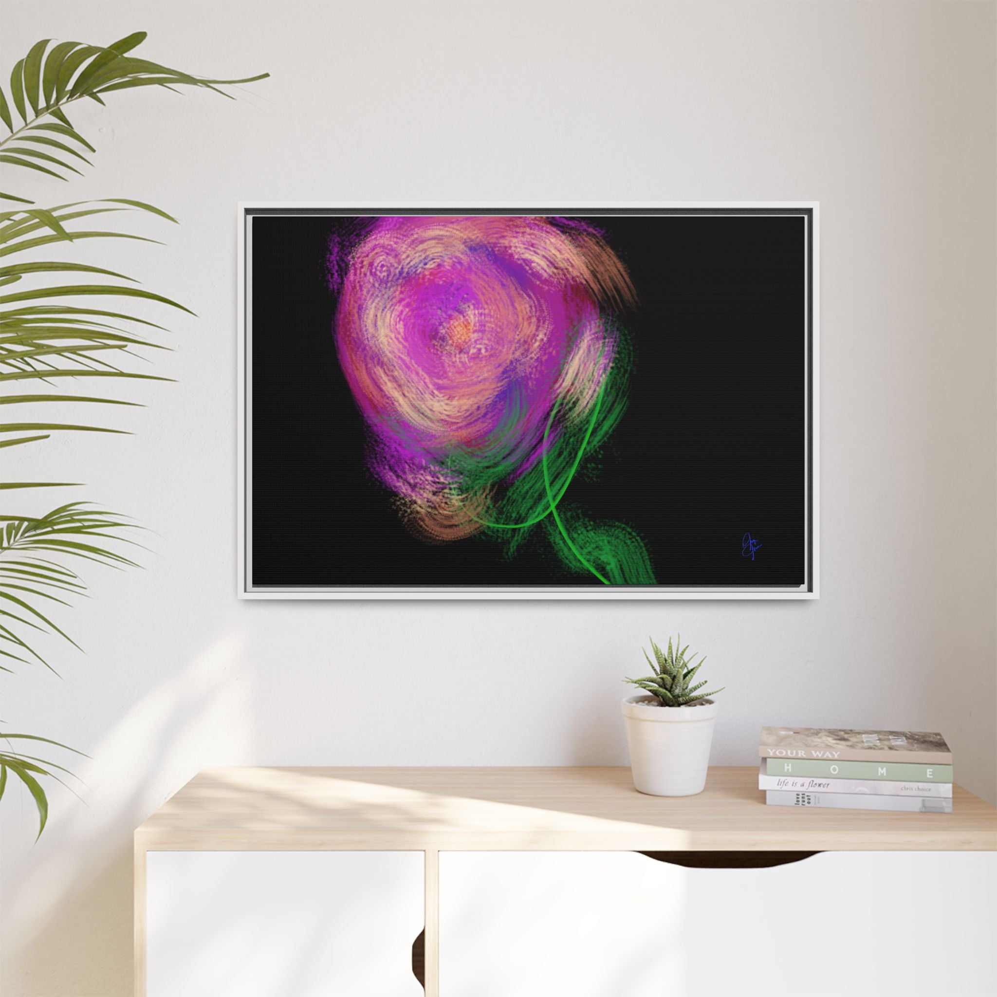 Abstract Rose Swirl Matte Framed Canvas — Multicolor Floral Wall Art
