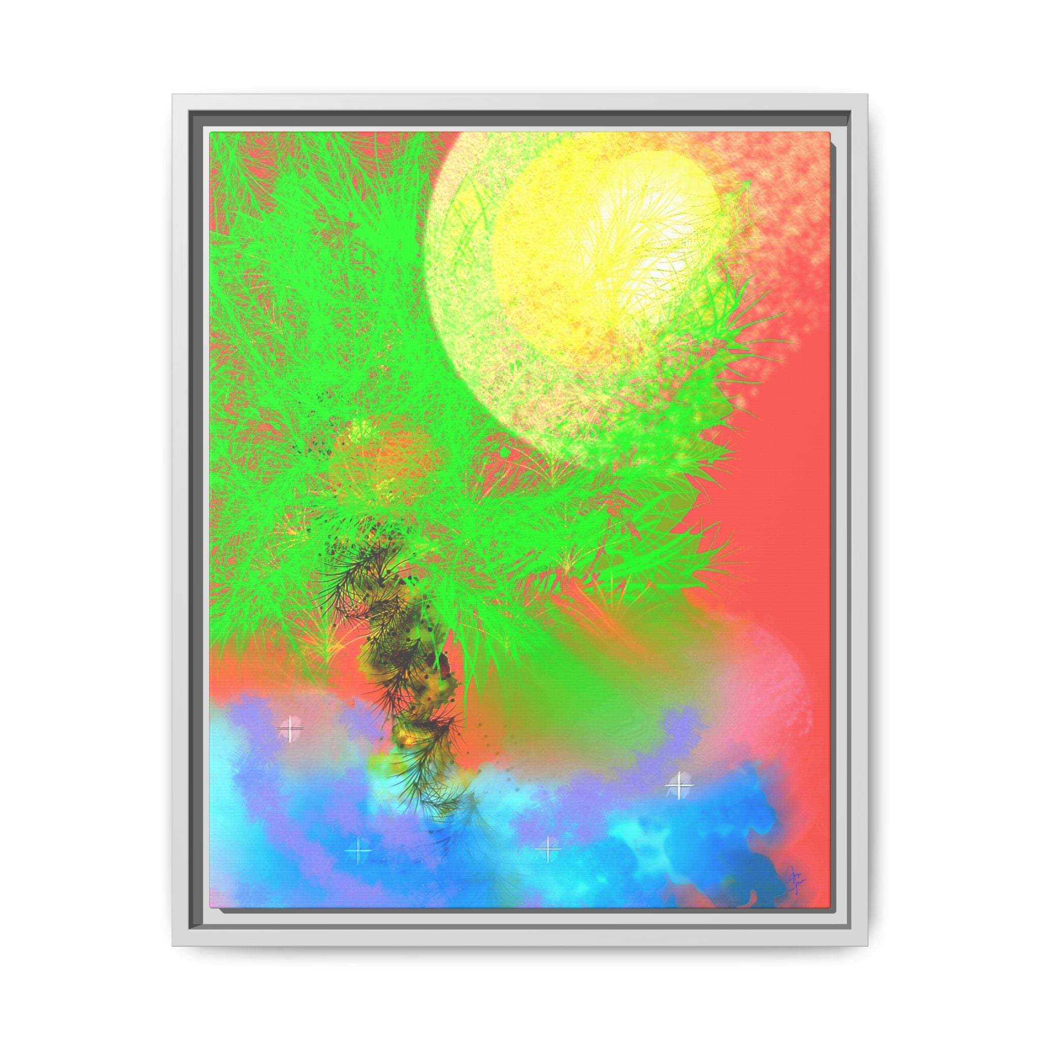 Abstract Neon Tree Matte Canvas Framed Art — Vibrant Green Moon Landscape